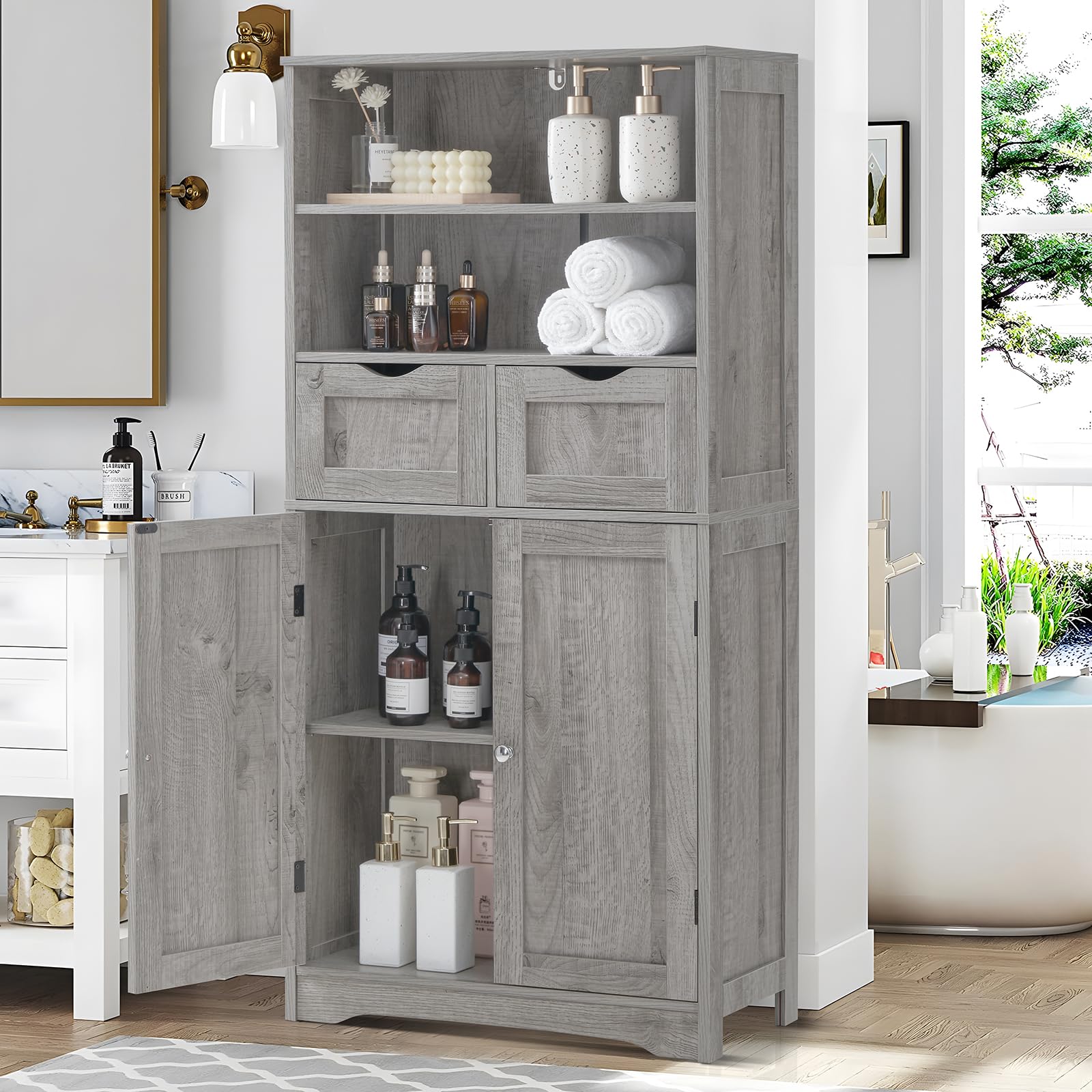 Iwell Tall Storage Cabinet with 2 Drawers & Adjustable Shelves - Bathroom Cabinet with Doors, Cupboard Organizer for Living Room, Dining Room, Entryway - Grey - Perfect for Home Organization & Small Space Storage Solutions