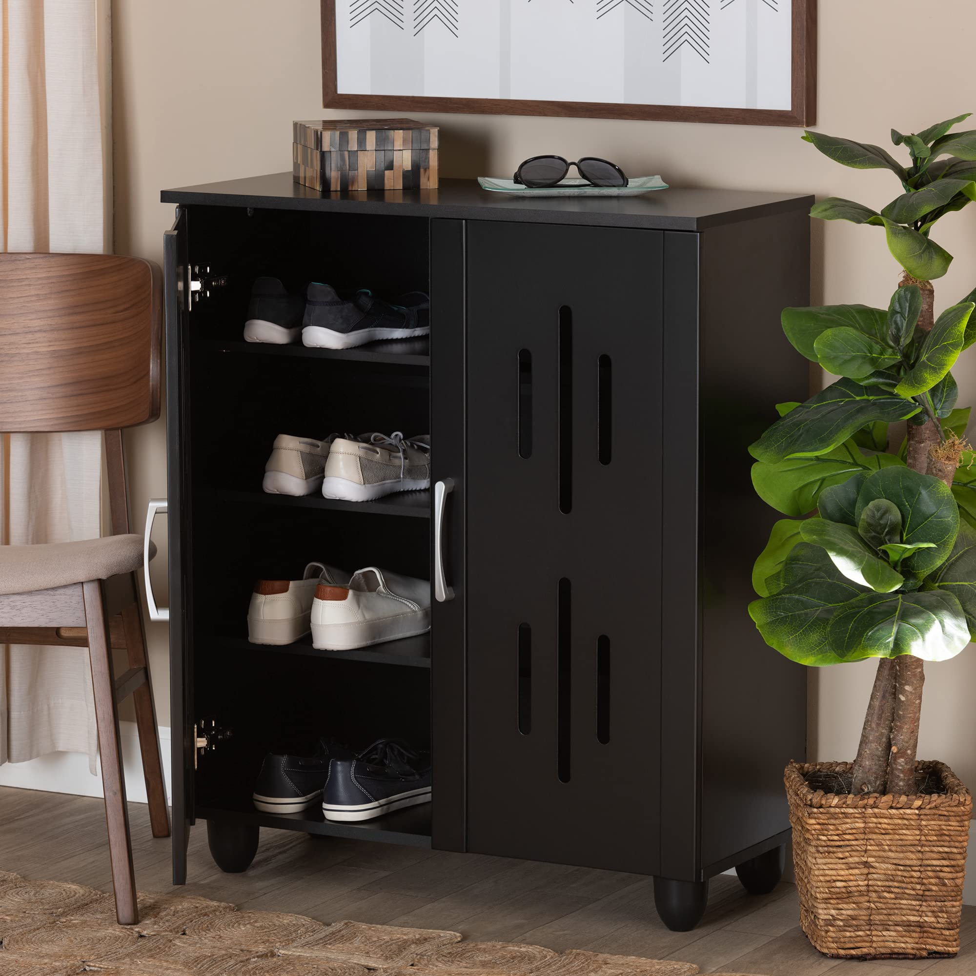 Baxton Studio Renley Modern Shoe Cabinet with Storage - Black and Silver Finish for Entryway, Hallway, or Bedroom Organization