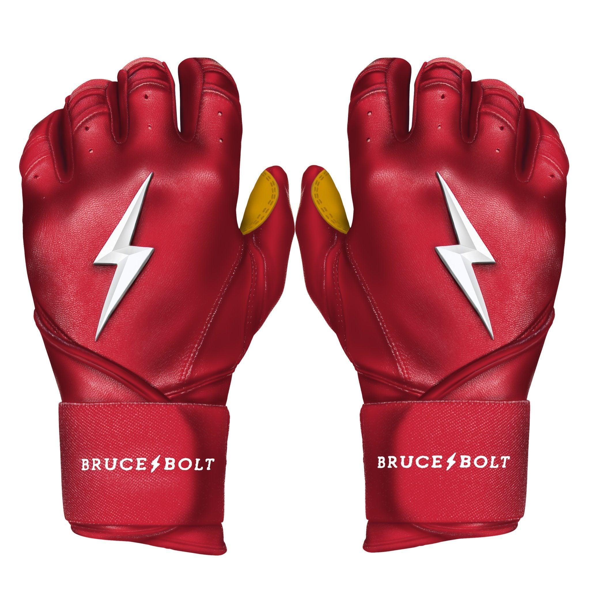 Bruce Bolt PREMIUM PRO Long Cuff Batting Gloves for Baseball & Softball - Red | Durable Grip, Comfort Fit, Enhanced Protection | Perfect for Training, Games & Outdoor Sports