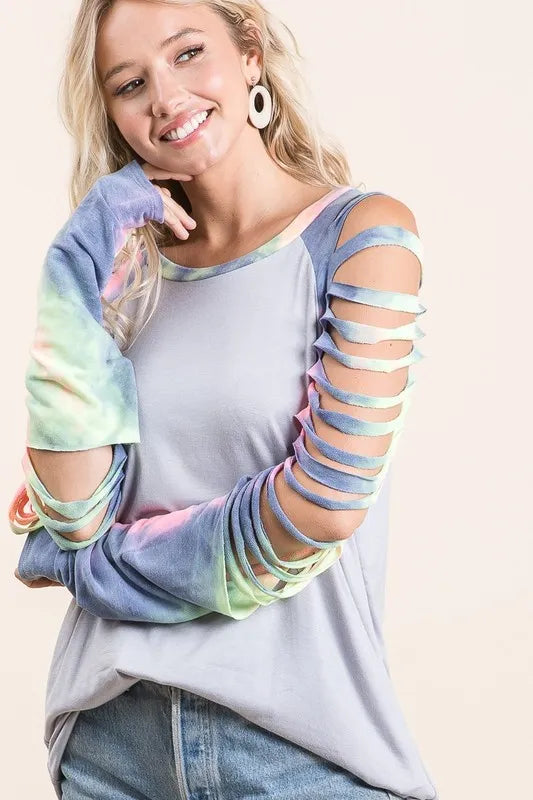 Bibi Jersey Knit Top with Tie Dye Laser Cut Sleeves in Ice Grey | Women's Fashion T-Shirt | Casual Wear & Street Style Outfit