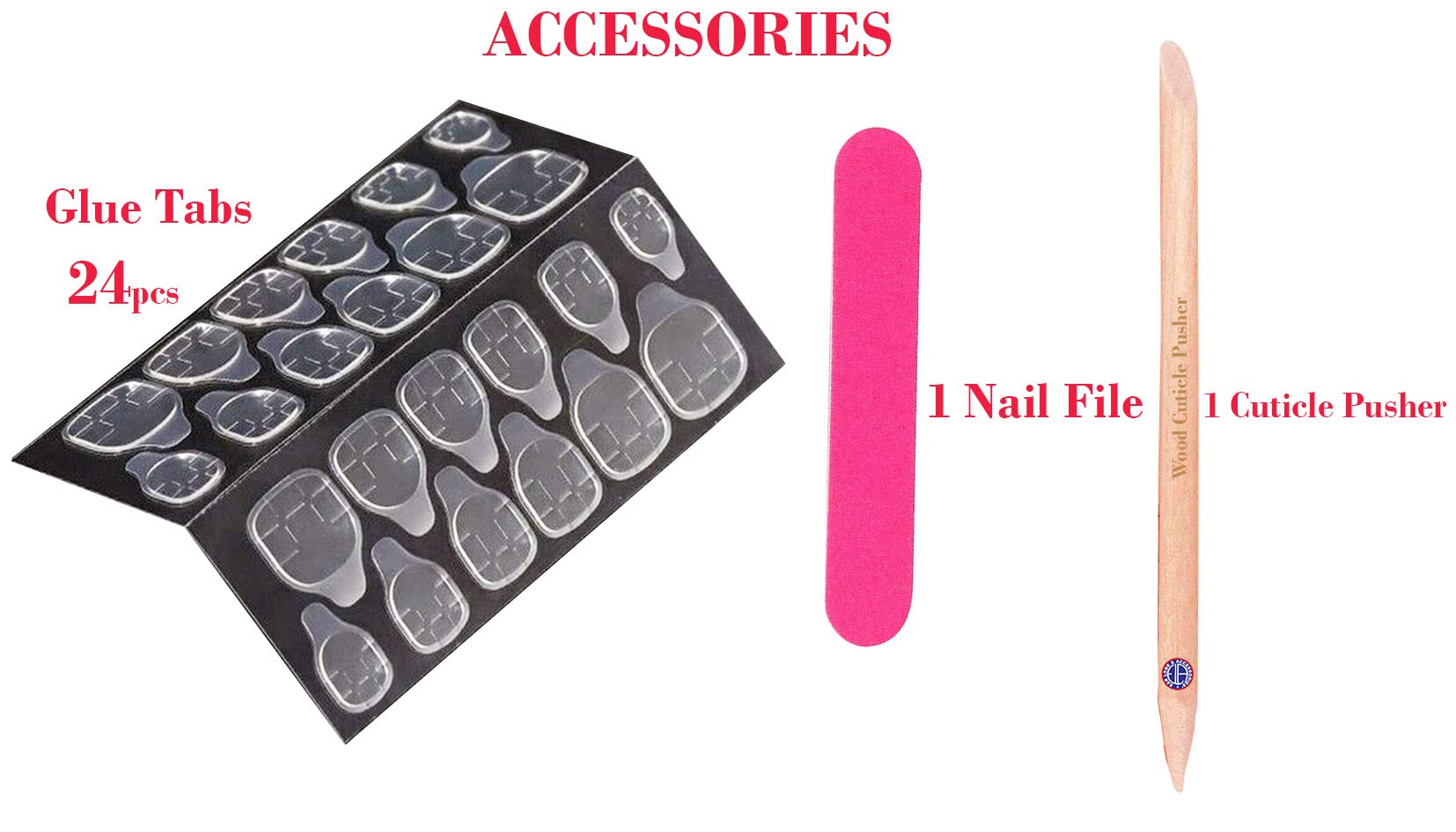 ELA A2(11) Fancy Nails & Accessories Kit - 12pc Press on Nails, 24pc Nail Glue Tabs, Mini Nail Filer & Cuticle Pusher Stick - Perfect for Home Manicure, DIY Nail Art & Party Looks