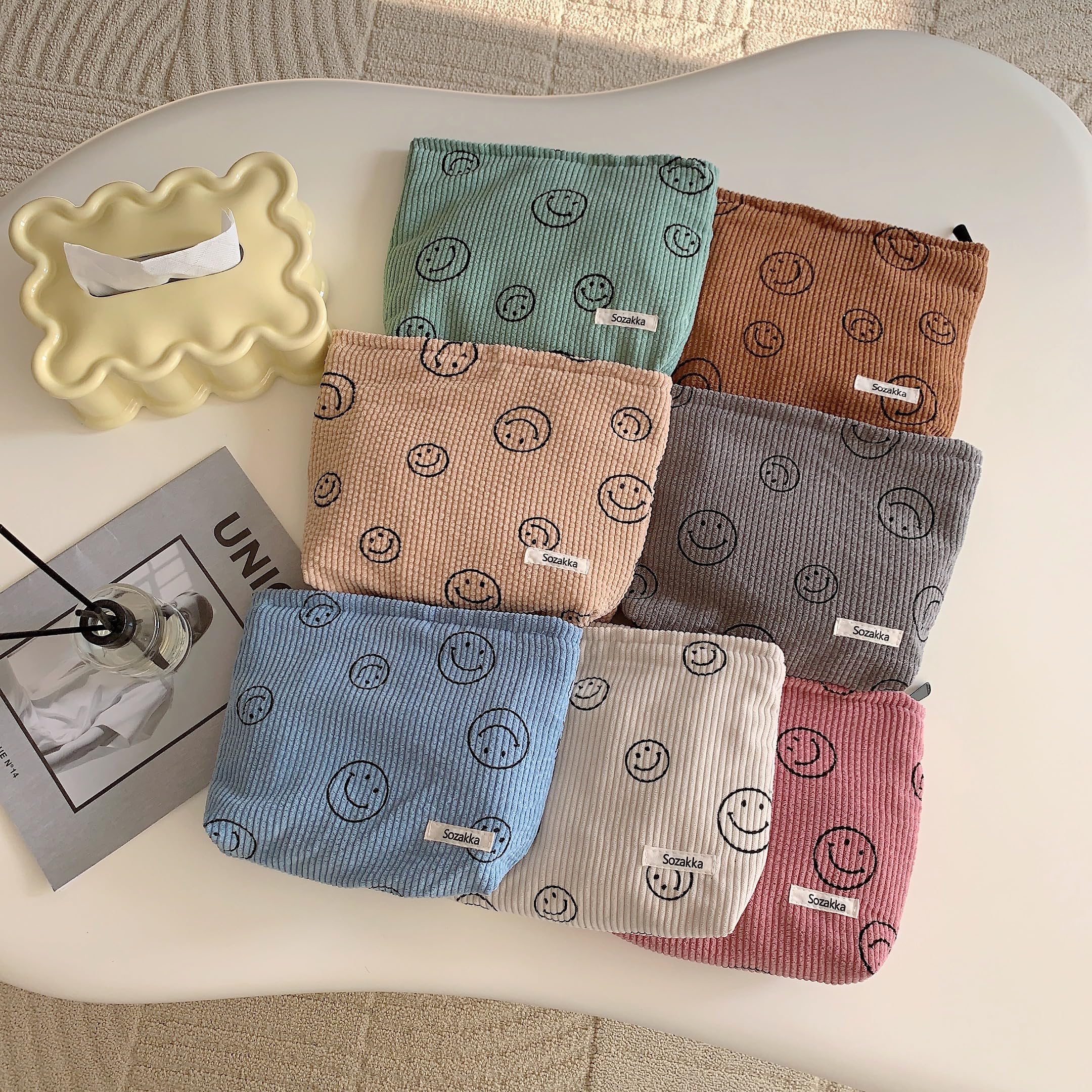 Corduroy Cosmetic Bag for Women - Aesthetic Smile Dots Makeup Organizer & Storage Pouch | Travel, Gym & Daily Use | Blue Makeup Bag for Girls & Teens