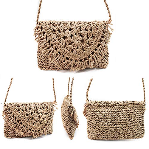Van Caro Handwoven Cotton Straw Shoulder Bag - Crochet Tassel Bohemian Beach Purse for Women | Perfect for Summer Vacation, Pool Parties & Boho Fashion Accessories