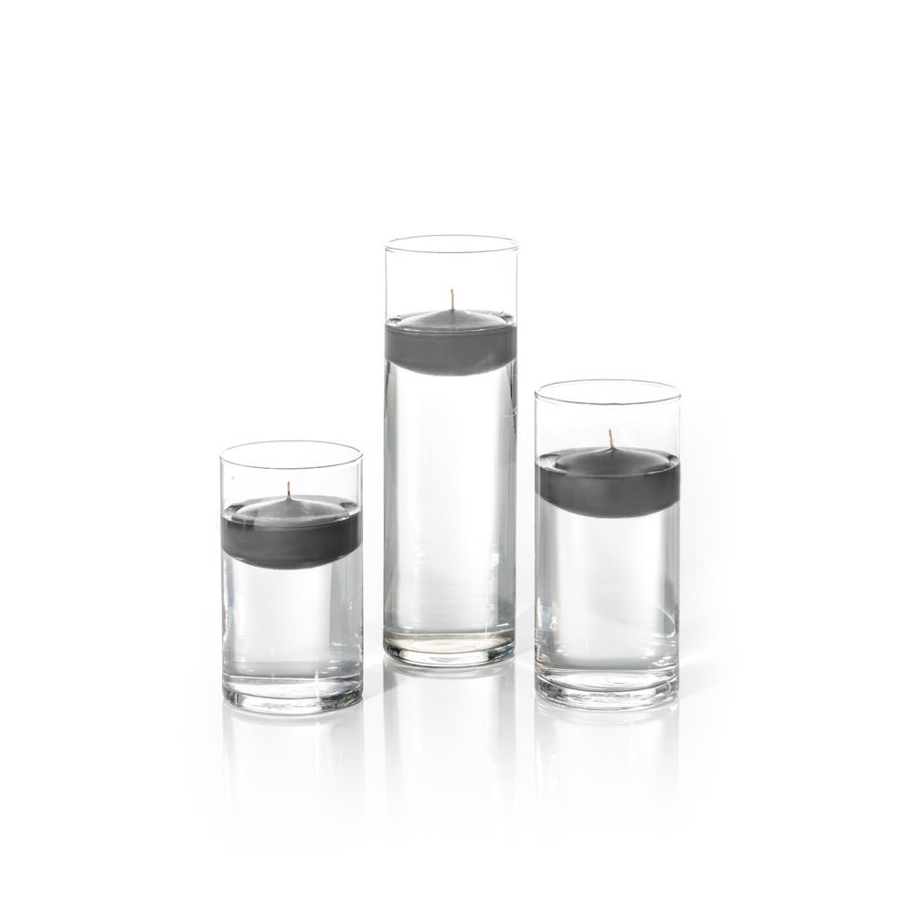 Yummi Set of 18 Floating Candles & Cylinder Vases - Elegant Gray Wedding Centerpieces for Romantic Dinner, Spa Bath, and Home Decor
