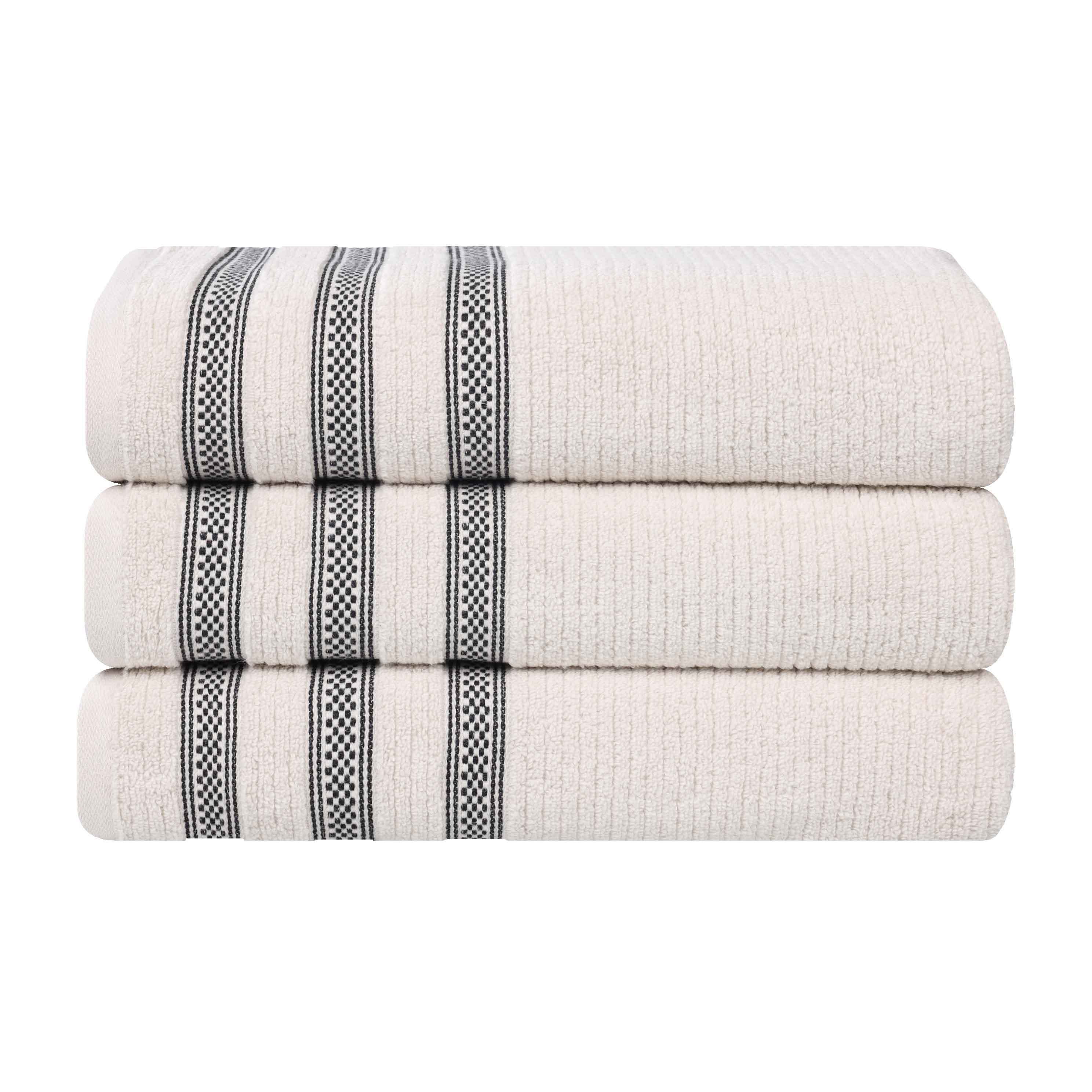 Premium Zero Twist Cotton Ribbed Geometric Border Plush Bath Towel Set of 3 - Ultra Soft & Absorbent, Luxury Spa & Bathroom Essentials for Home, Hotel, Gym