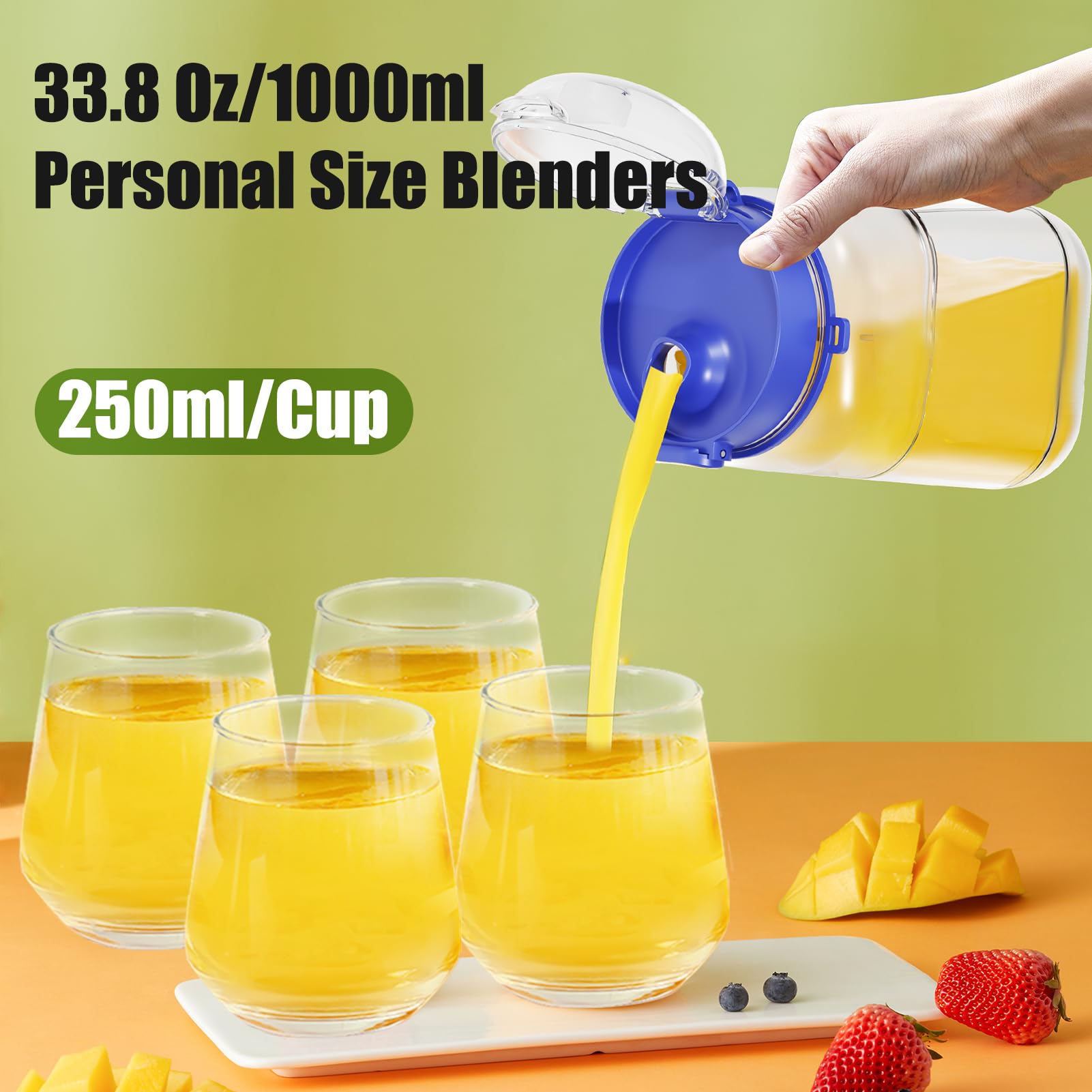 Portable Blender 33.8oz - 60W USB-C Rechargeable Personal Blender for Smoothies, Protein Shakes & Juices - Large Travel Blender with Lid, Straw & Carry Strap - Perfect for Gym, Workout, Camping & Office (Blue)