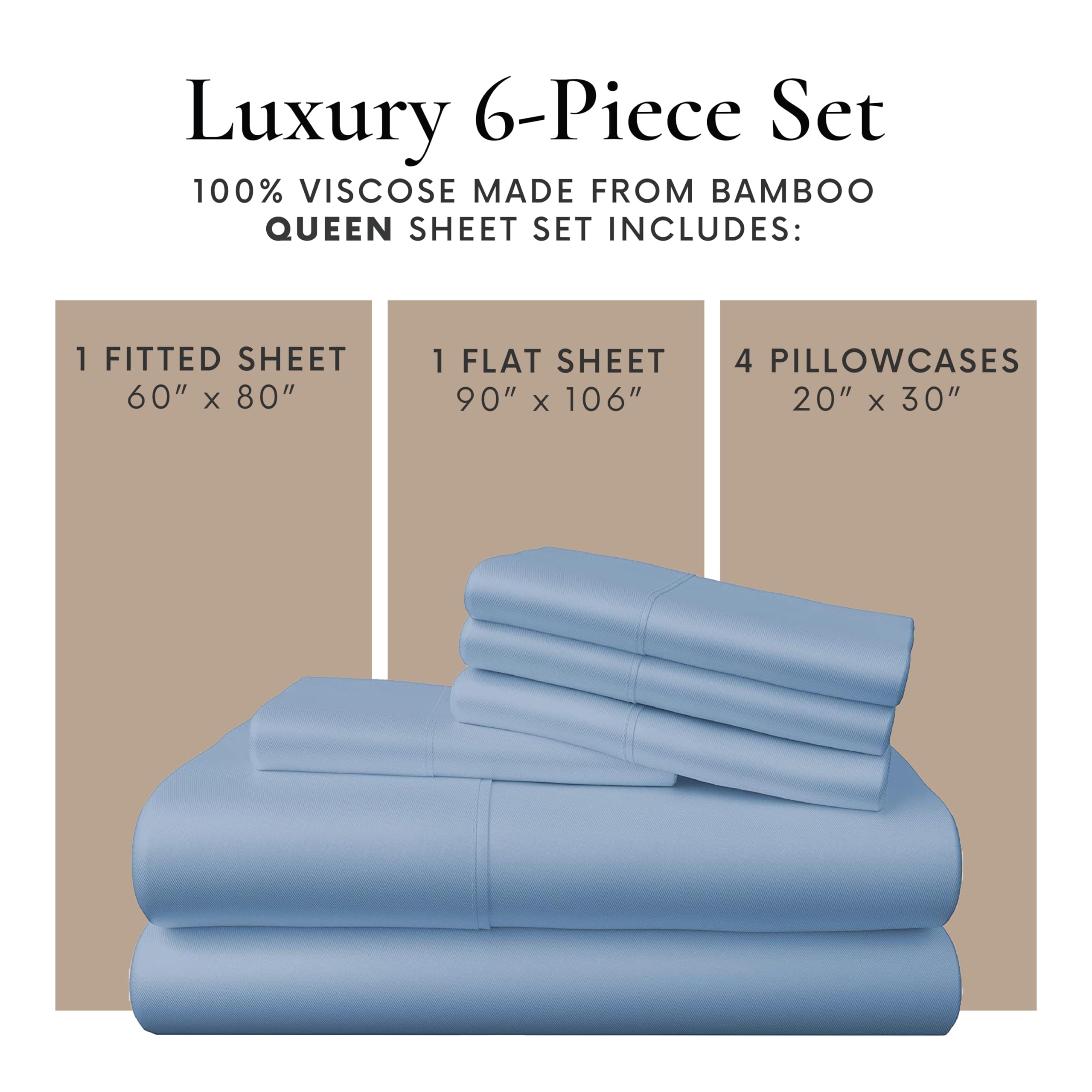 Bamboo Bay 6-Piece Queen Size Sheet Set - 100% Viscose Bamboo Bedding, Breathable & Ultra Soft Cooling Sheets for Hot Sleepers, Deep Pocket Fits 16