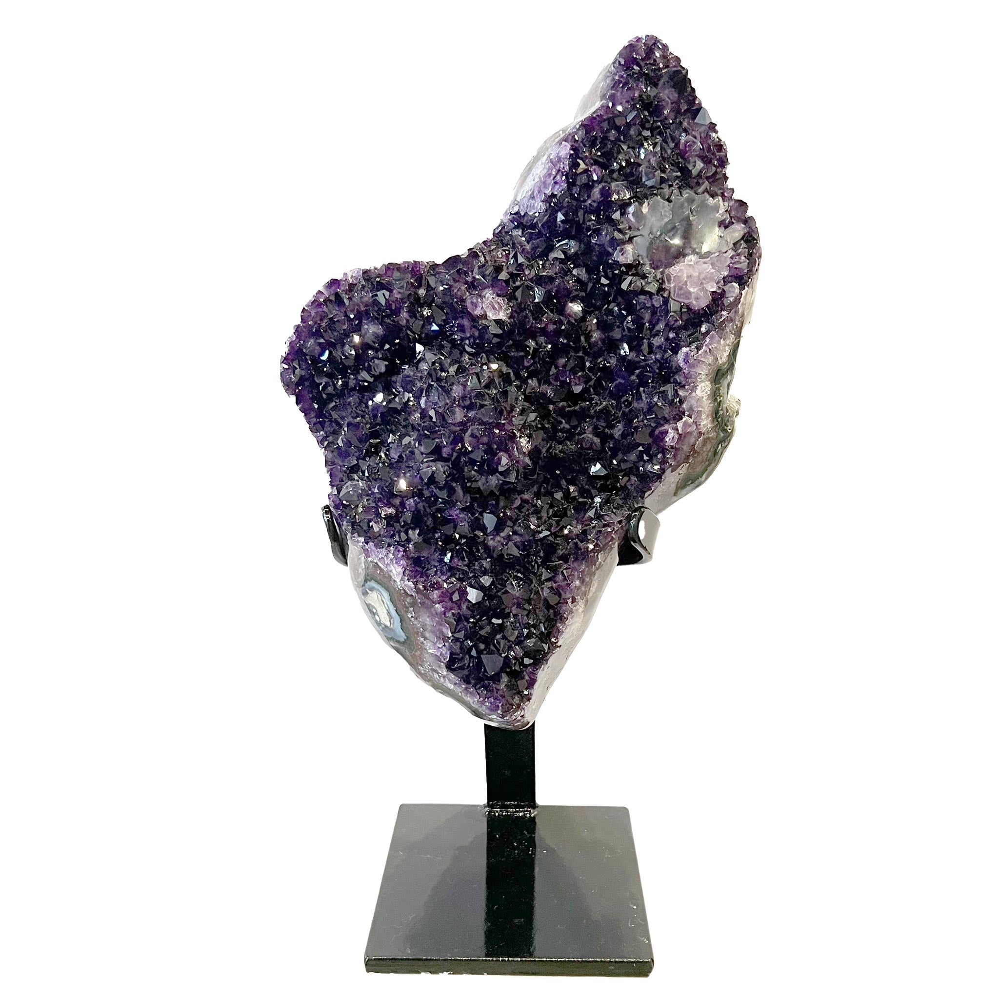 Premium AAA Grade Uruguay Amethyst Crystal Cluster on Black Metal Stand - Natural Healing Stone for Meditation, Home Decor & Spiritual Gifts