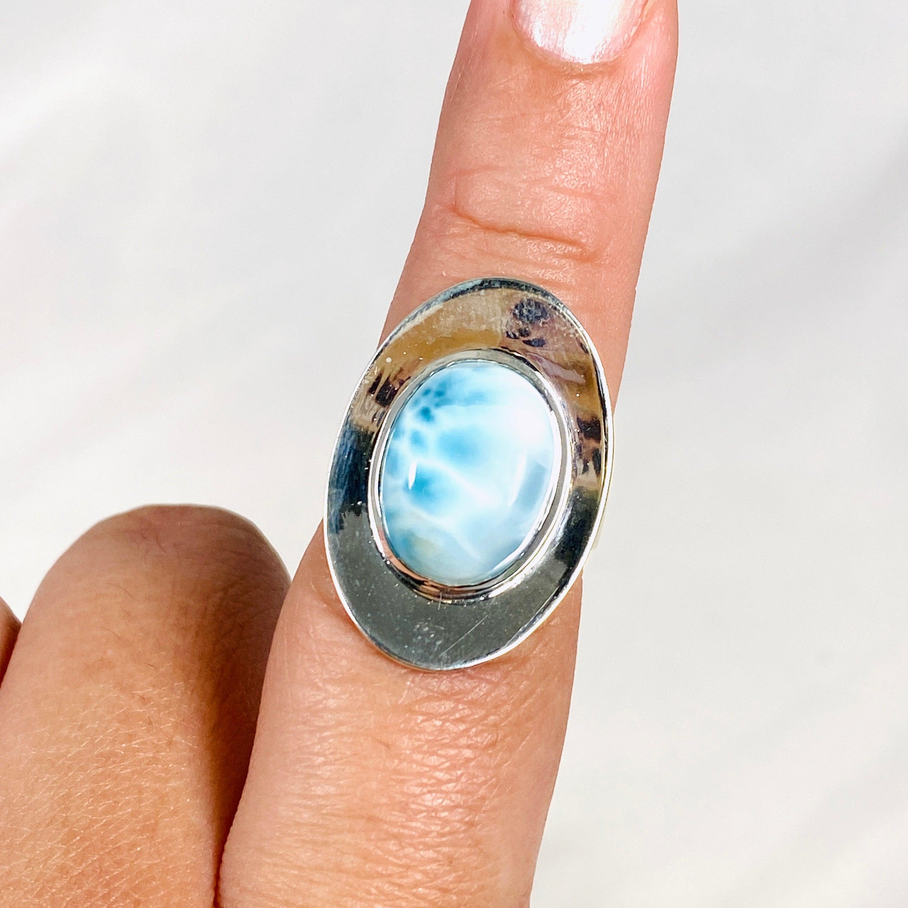 Larimar Oval Ring with Sterling Silver Band - Size 8 KRGJ3103 | Handmade Jewelry for Women, Gift for Her, Birthday & Anniversary Present