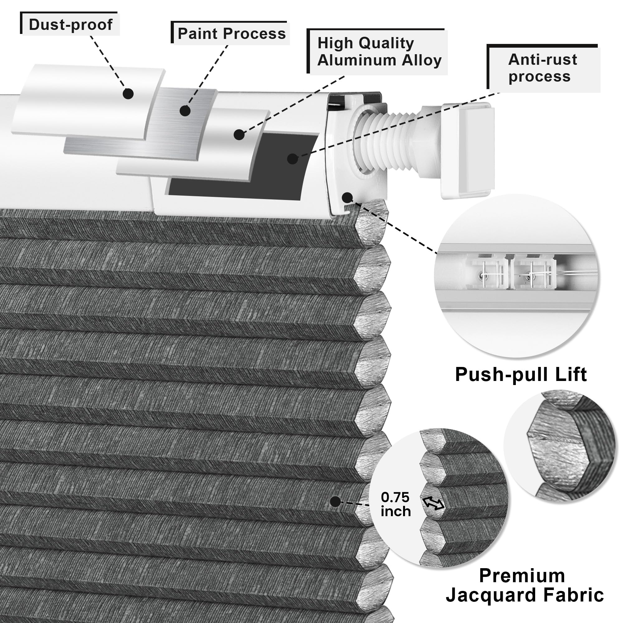 BERISSA Cordless Cellular Shades - No Drill No Tools Required, Blackout Jacquard Fabric Honeycomb Blinds for Windows, 16