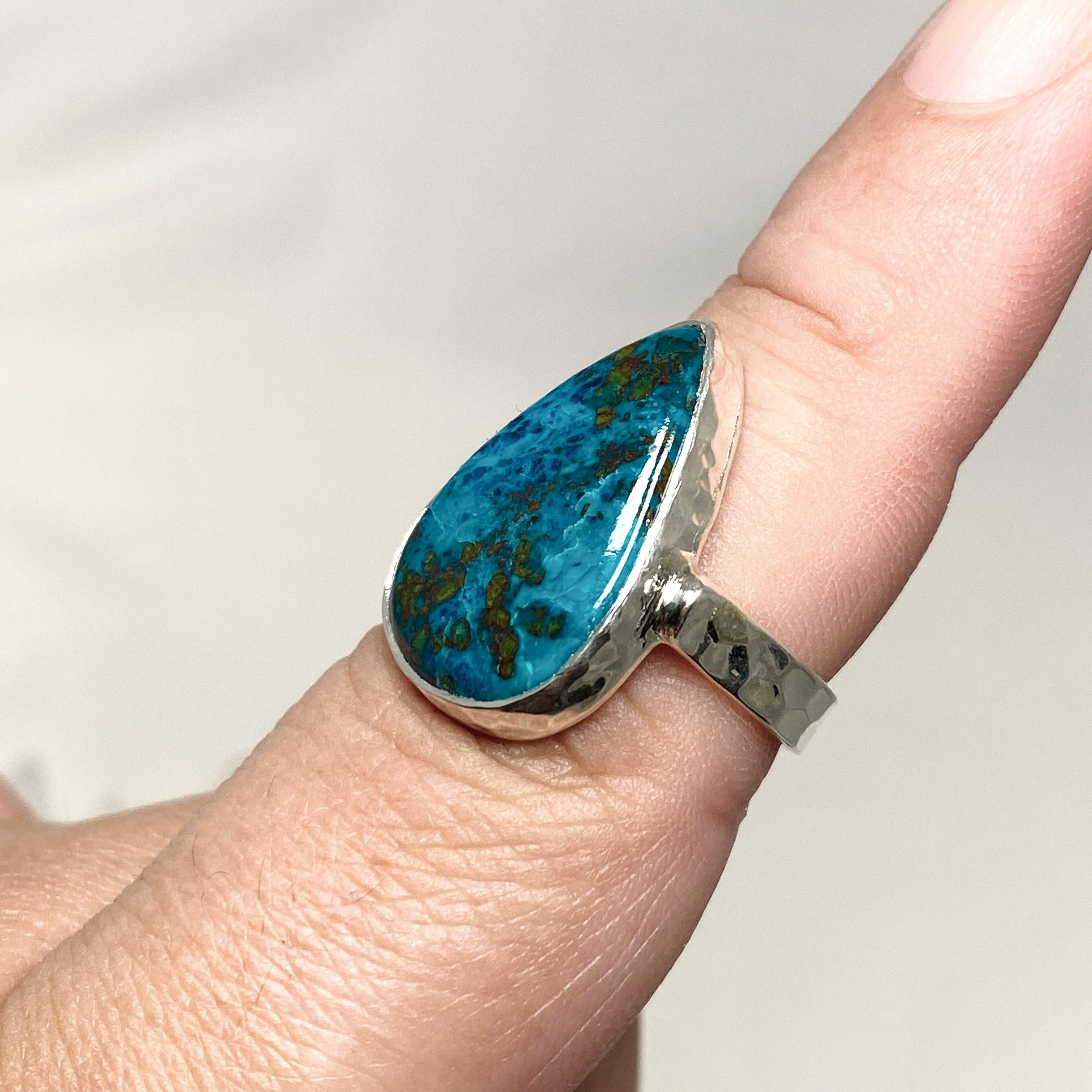 Shattuckite Teardrop Ring with Hammered Band - Size 8 - KRGJ3220 - Perfect for Boho Jewelry Lovers & Spiritual Healing
