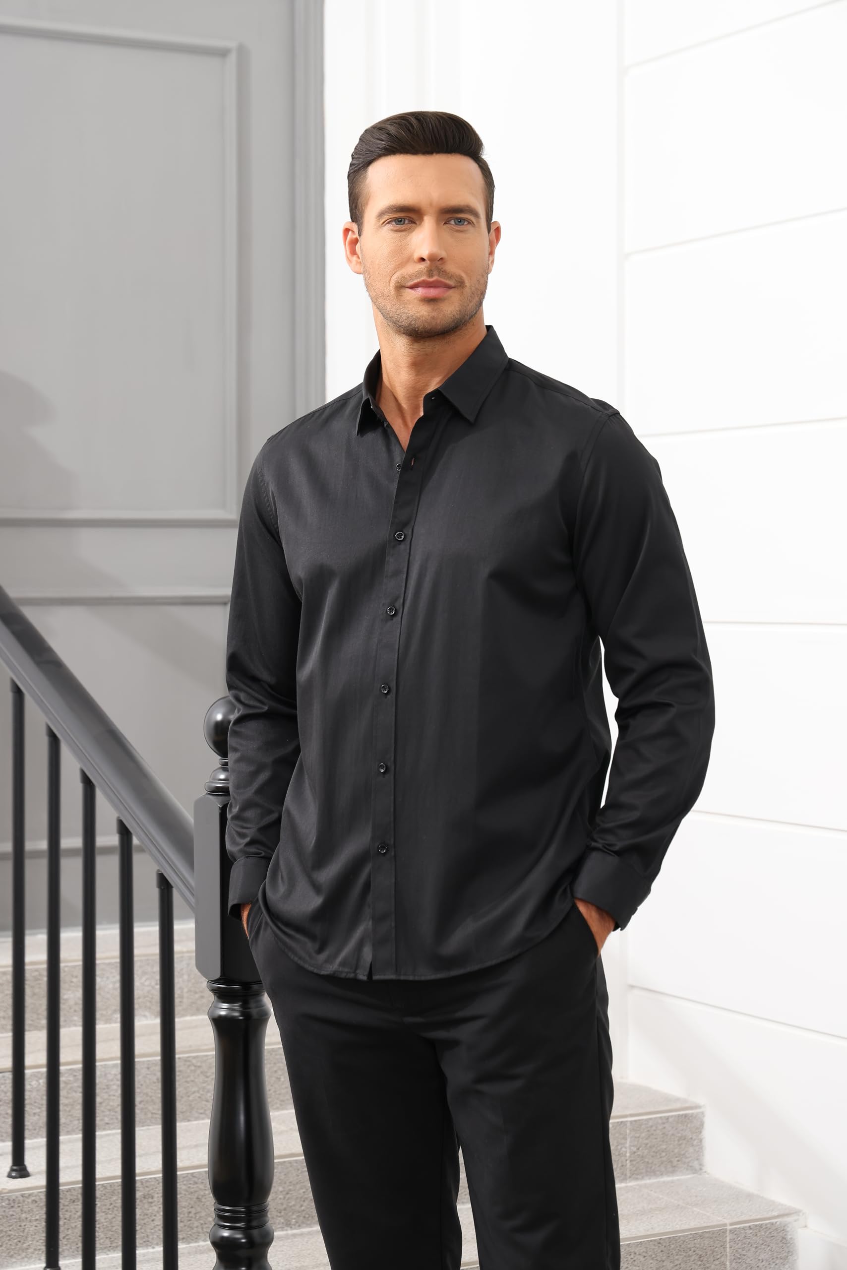 Premium MUSE FATH Men's Solid Color Dress Shirt - Slim Fit Long Sleeve Business Casual Shirt for Office, Wedding & Formal Events - Breathable Cotton Dress Shirts for Men