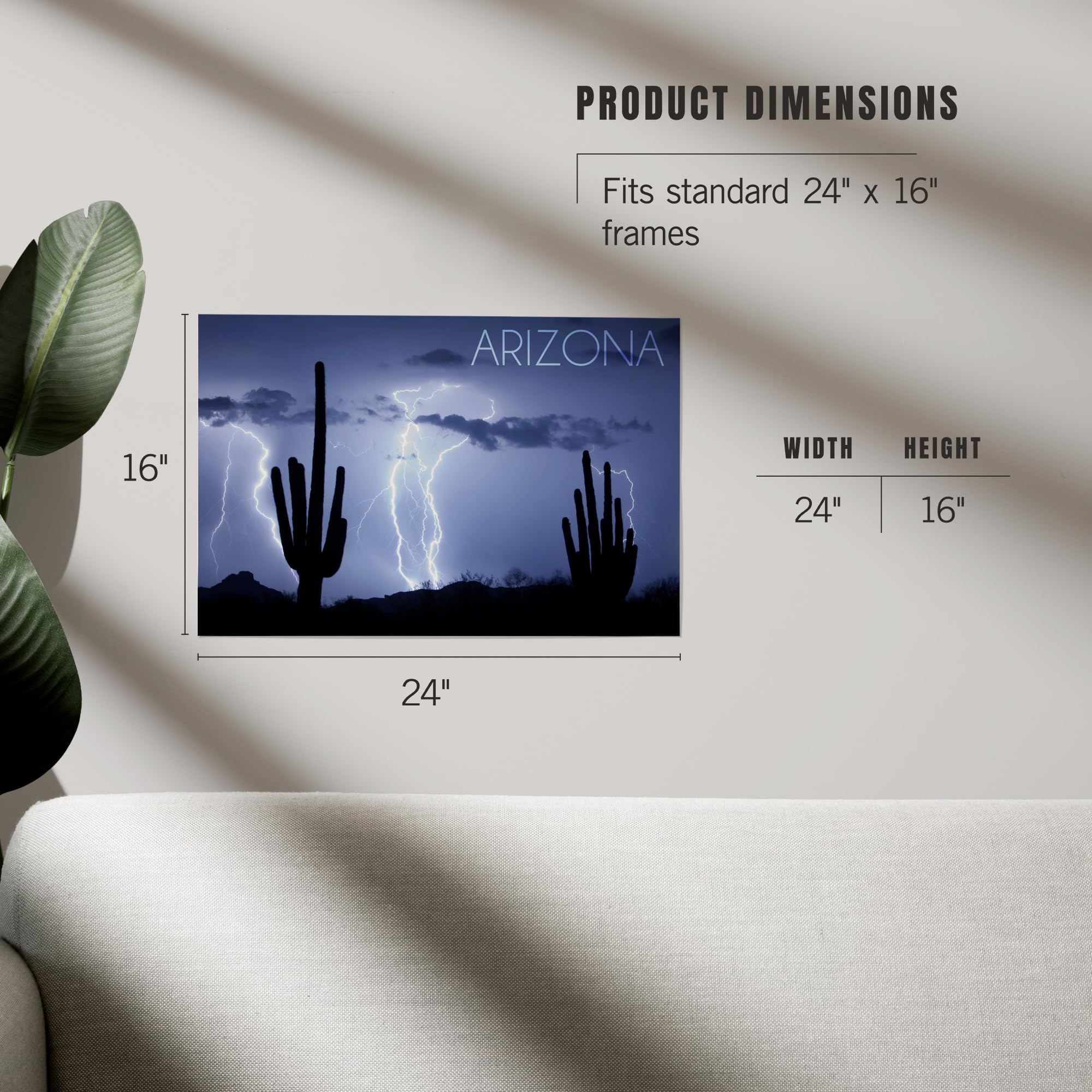 Lantern Press 16x24 Inch Giclee Art Print - Arizona Desert Landscape with Lightning Storm and Cactus Photography - Perfect for Home Decor, Office Wall Art & Southwestern Style Interior Design