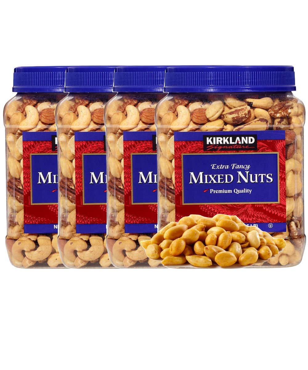 Kirkland Signature Extra Fancy Mixed Nuts Salted & Shelled 40oz (Pack of 4) with Free Roasted Virginia Peanuts - Premium Snack for Parties, Gifts & Healthy Eating