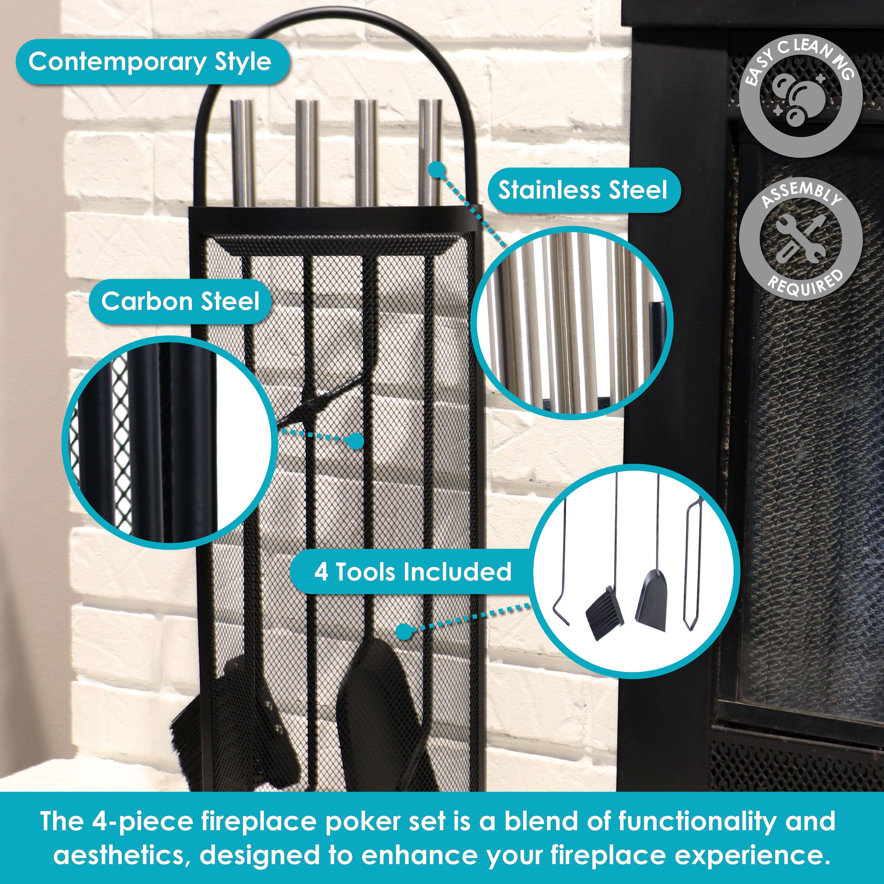 Sunnydaze 4-Piece Fireplace Tool Set with Mesh Shroud Holder - Heavy Duty Fireplace Accessories for Wood Burning Stoves & Fire Pits - Perfect for Indoor & Outdoor Use