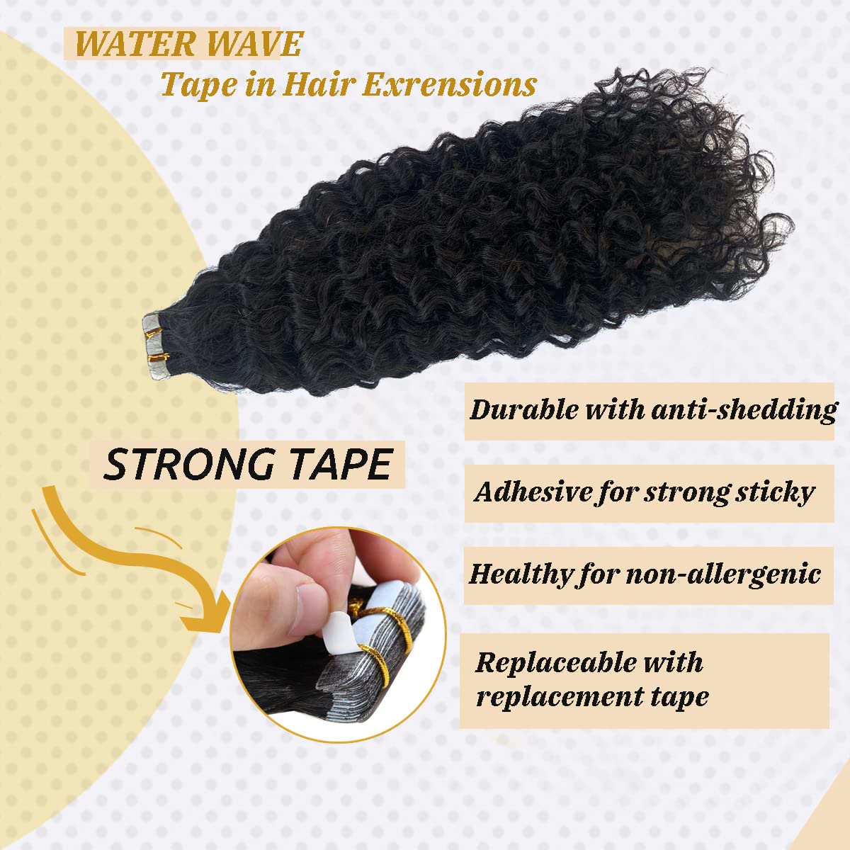 14 Inch Water Wave Tape in Human Hair Extensions - 20PCS Double Sided Loose Curly Brazilian Hair Weft (9A Quality, 50G) for Black Women - Perfect for Daily Styling, Parties & Special Occasions