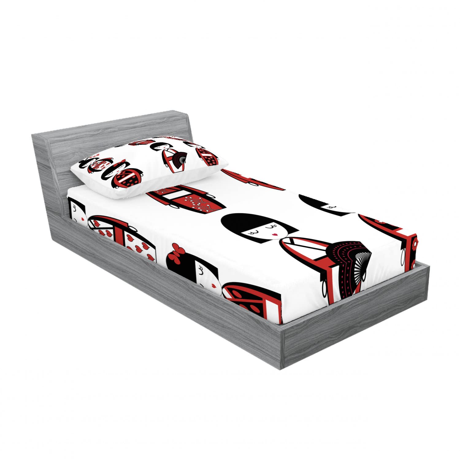 Ambesonne 2-Piece Twin Size Fitted Sheet Set with 2 Pillow Shams - Japanese Geisha Dolls Folk Art Design in Black & Red - 4-PC Bedding Collection for Guest Room, Dorm, or Kids' Bedroom Decor