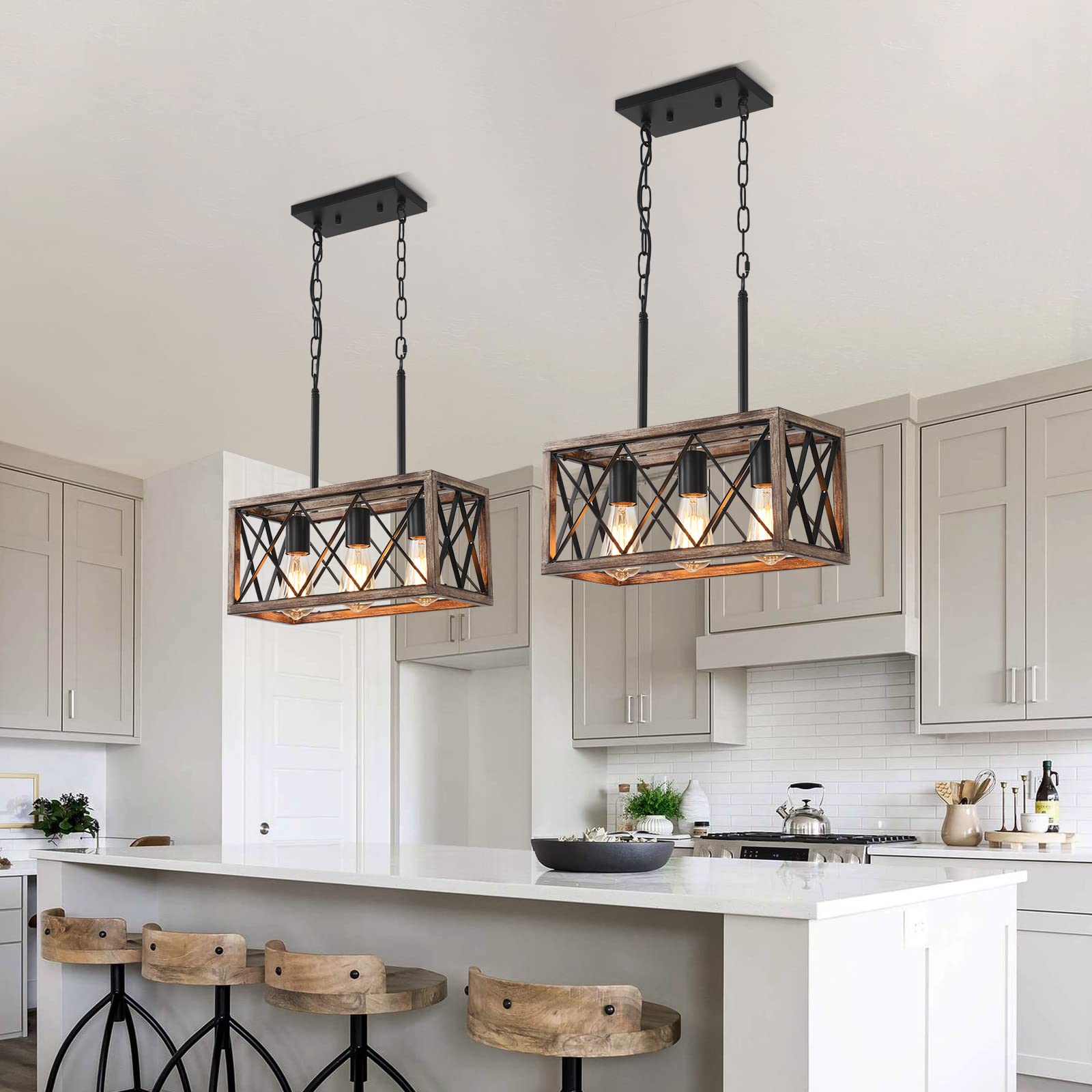 KEESFU Farmhouse Kitchen Island Lighting - 3 Lights Adjustable Height Pendant Fixtures, Industrial Wood Grain Dining Room Light for Living Room, Foyer, Over Sink, and Breakfast Bar