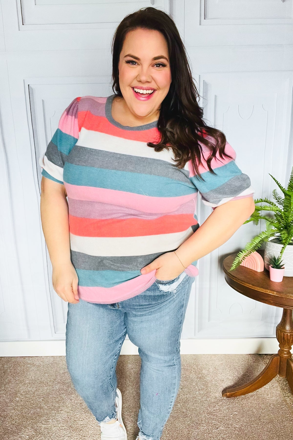 Look Out Teal & Rose Striped Hacci Knit Puff Sleeve Top | Women's Fashion Blouse | Casual & Party Wear | Perfect for Date Nights & Office Outfits