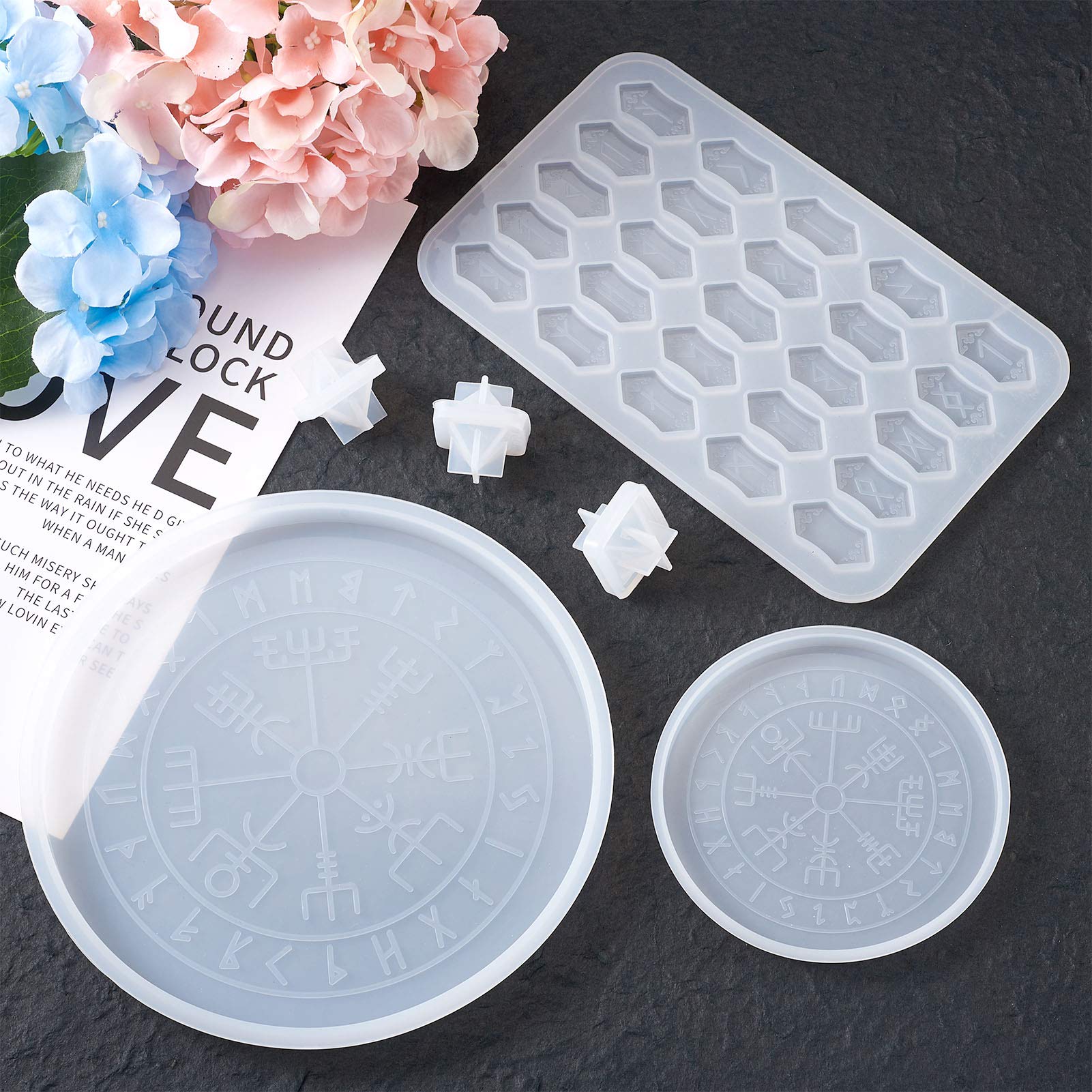 Pandahall DIY Tarot & Rune Stone Resin Molding Kit - 2 Constellation Compass Mats, 1 Rune Stone Mold, 3 Dice Molds for Epoxy Resin Casting | Perfect for Divination Tools, Witchcraft Supplies & Spiritual Home Decor