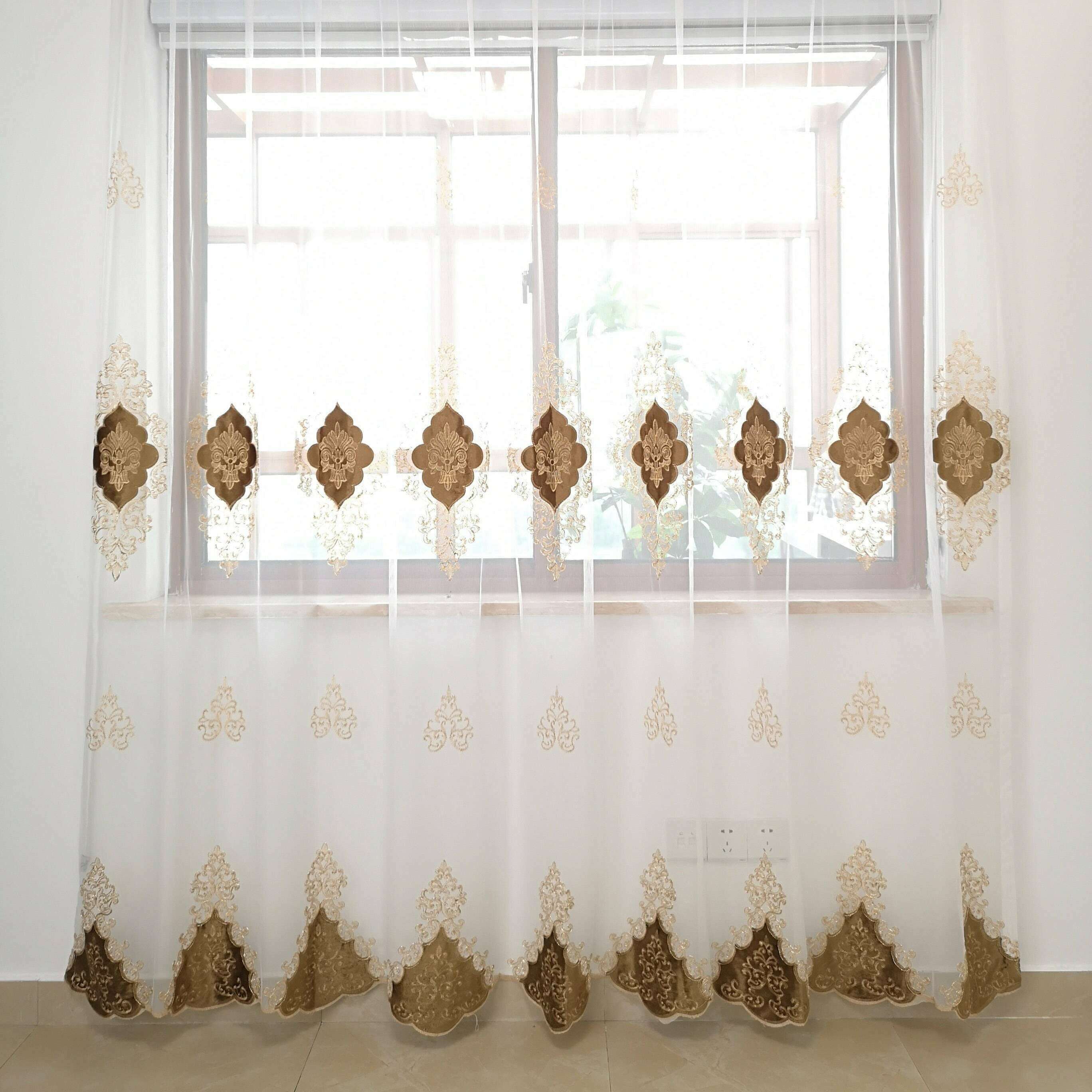Brittany Velvet Embroidered White Sheer Brown Curtains - Elegant Window Treatments for Living Room, Bedroom & Home Decor