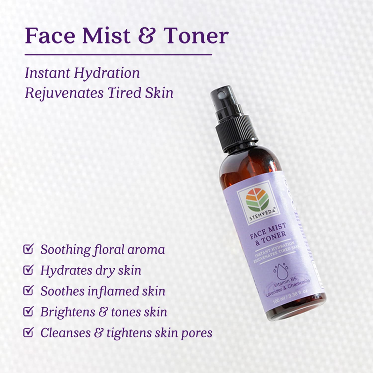 STEMVEDA Alcohol-Free Lavender & Chamomile Face Mist & Toner 100ml | Hydrating Antioxidant Facial Spray for Pore Minimizing, Glowing Skin | Sensitive Skin Friendly | Perfect for Travel, Post-Workout & Daily Skincare Routine