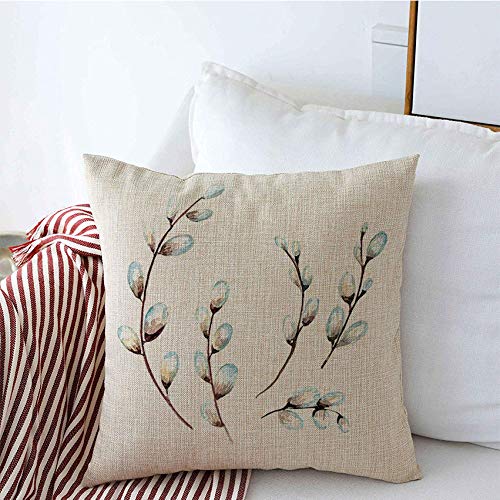 Watercolor Pussywillow Decorative Throw Pillow Covers - 16x16 Inch Gray Linen Square Pillow Case for Couch, Sofa & Bed - Nature-Inspired Botanical Design with Textured Twig Patterns - Perfect for Living Room, Bedroom & Holiday Decor