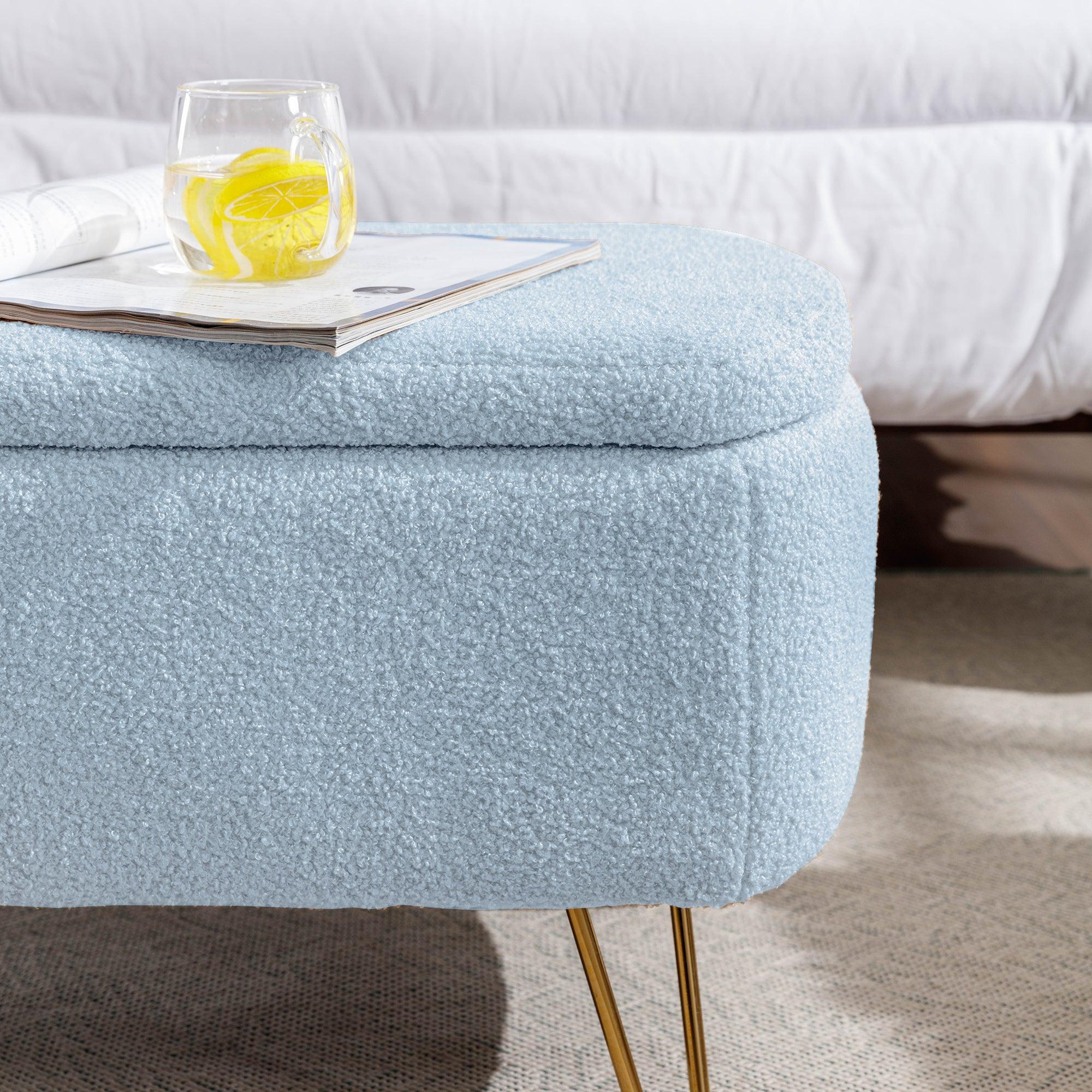 Modern Blue Storage Ottoman Bench with Gold Legs & Grey Faux Fur Upholstery - Padded Seat with Hidden Storage for Bedroom, Living Room & Entryway | Perfect for Extra Seating, Footrest & Home Organization