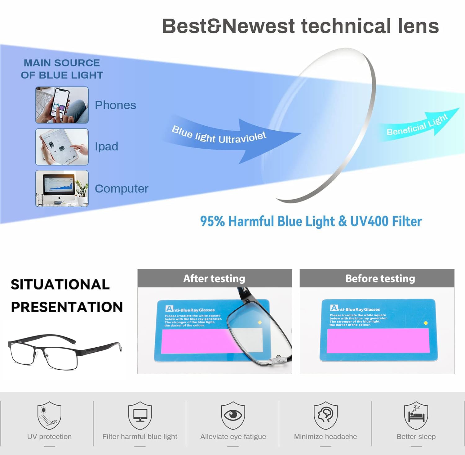 B&Q 4 Pack Rectangular Metal Frame Spring Hinge Blue Light Blocking Reading Glasses for Men - Anti-Eye Strain Computer Glasses for Office Work & Screen Time