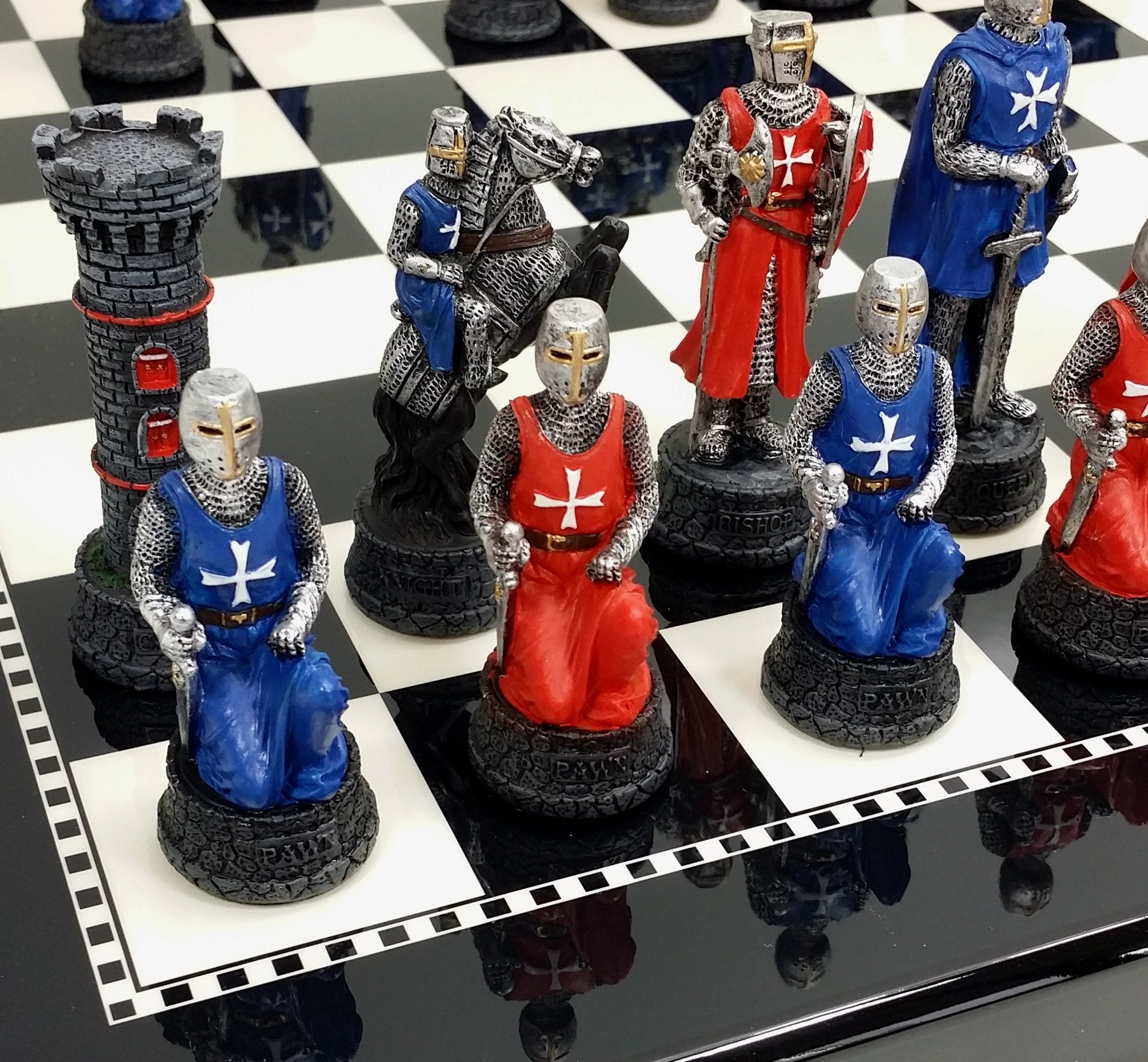 Hand-Painted Medieval Crusades Themed Chess Set - Red & Blue Pieces with Glossy Black & White Board | Perfect for History Enthusiasts & Strategy Game Lovers