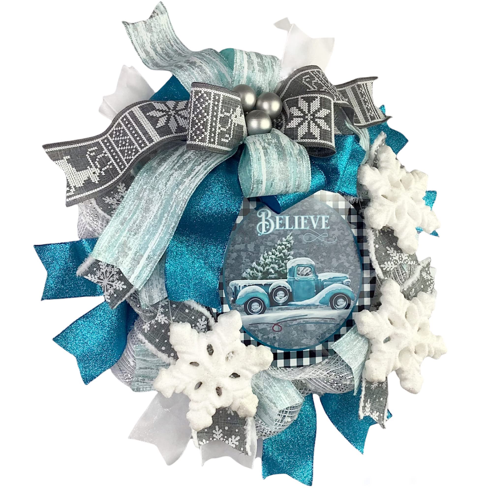 Handmade Christmas Wreath with Blue Truck Design - Ice Blue, Turquoise & Silver Grey Holiday Door Hanger - Festive Home Decor for Front Door, Fireplace & Seasonal Celebrations