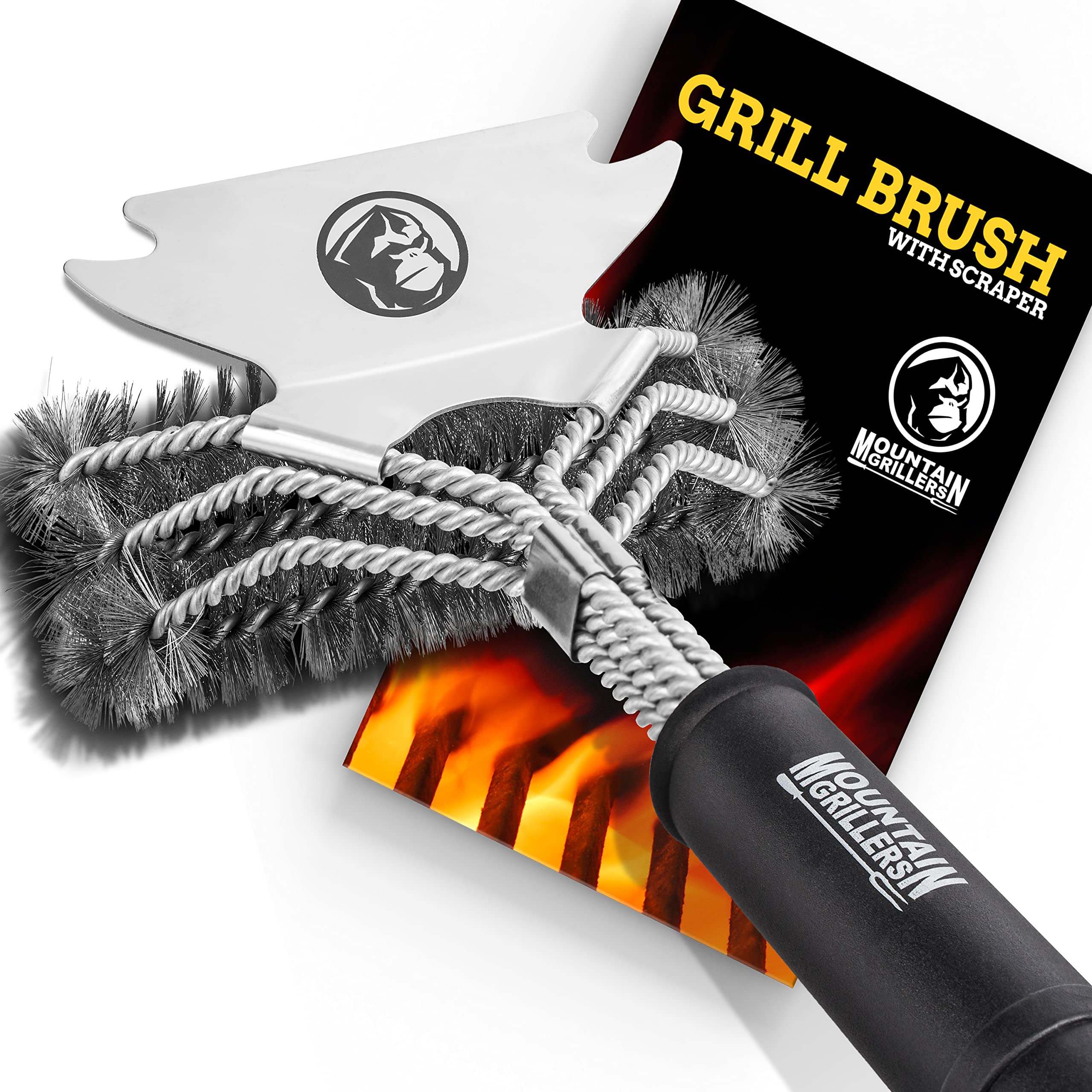 Premium Grill Brush for BBQ - Heavy Duty Stainless Steel Bristles & Sharp Scraper - Safe for Porcelain & Metal Grates - Perfect for Steaks, Burgers & Outdoor Cooking - Ideal for Backyard BBQs, Camping & Tailgating