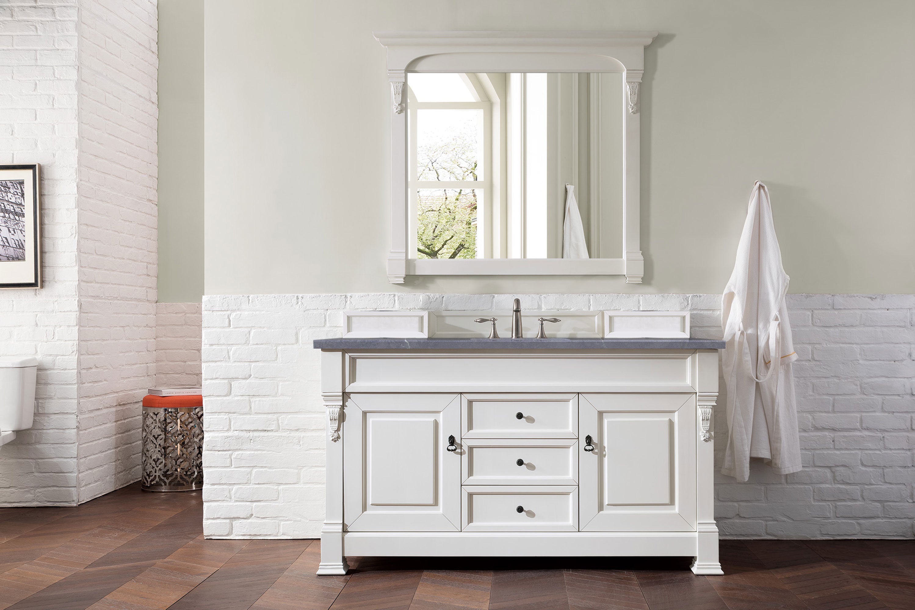Brookfield 60 Inch Single Bathroom Vanity Set with Bright White Finish & 3CM Charcoal Soapstone Quartz Countertop - Perfect for Modern Master Bathrooms & Powder Rooms