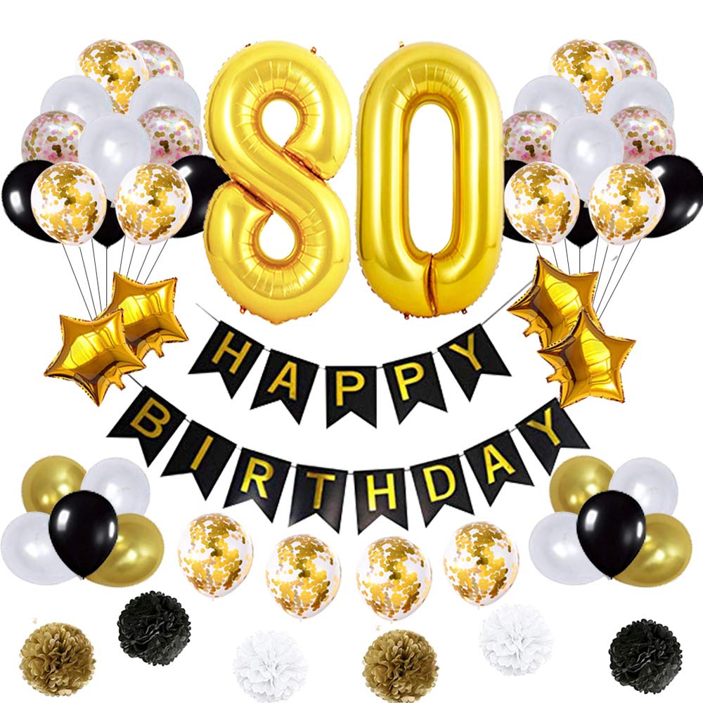 80th Birthday Decorations Set - Gold Mylar Balloons, Latex Balloons, Happy Birthday Banner & Pom Pom Flowers for Party Supplies | Perfect for Milestone Birthday Parties, Anniversary Celebrations & Special Events