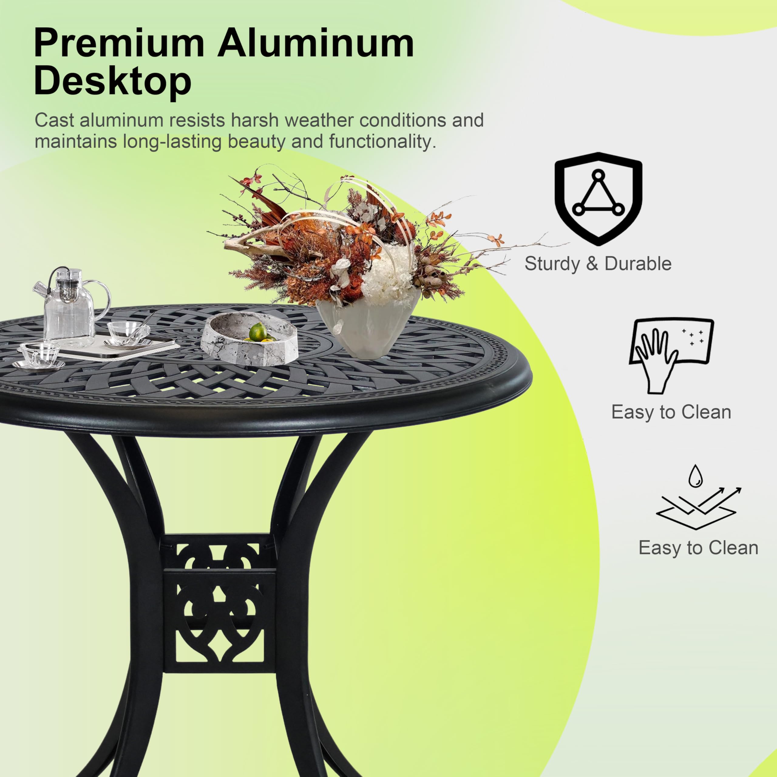 30.3 Inch Round Outdoor Patio Dining Table - Heavy Duty Cast Aluminum All-Weather Metal Bistro Table with Umbrella Hole - Perfect for Backyard, Garden, Balcony, Poolside & Outdoor Entertaining - Black