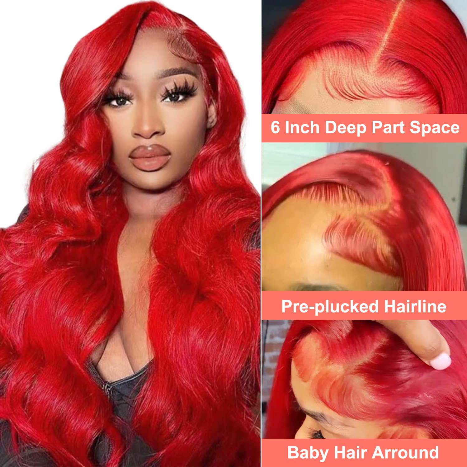 13X6 Red Lace Front Wigs Human Hair - Pre Plucked 210% Density HD Lace Frontal Body Wave Wig with Baby Hair | 24 Inch Vibrant Red Colored Human Hair Wig for Women | Perfect for Cosplay, Parties & Daily Fashion