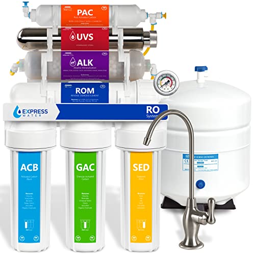 Express Water UV Reverse Osmosis Water Filtration System - 11 Stage UV Water Filter with Alkaline Filter, Deluxe Brushed Nickel Faucet, Tank & Pressure Gauge - Under Sink Water Purifier for Home & Office - 100 GPD Clean Drinking Water Solution for Kitchen, RV, and Emergency Preparedness