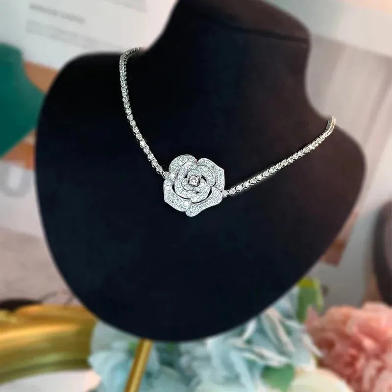 18K White Gold Diamond Pendant Necklace for Women - 3.5 Carat Natural Diamond Rose Design Wedding Jewelry, Elegant Bridal Gift & Anniversary Present