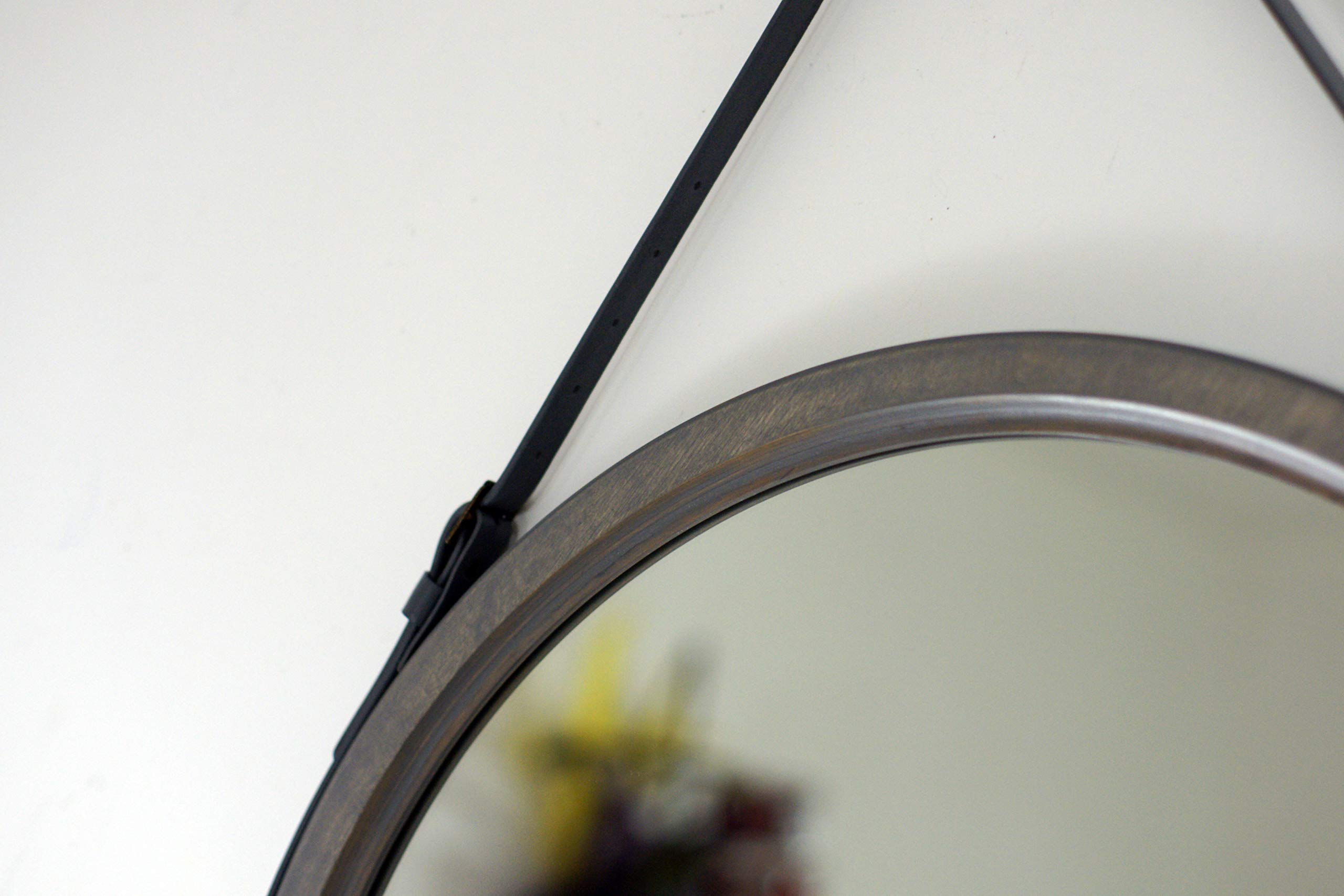 Grey Round 'Athlone' Leather Mirror - Scandinavian Minimalist Modern Wall Decor with Strap, Perfect for Living Room, Bedroom, or Loft Style Spaces
