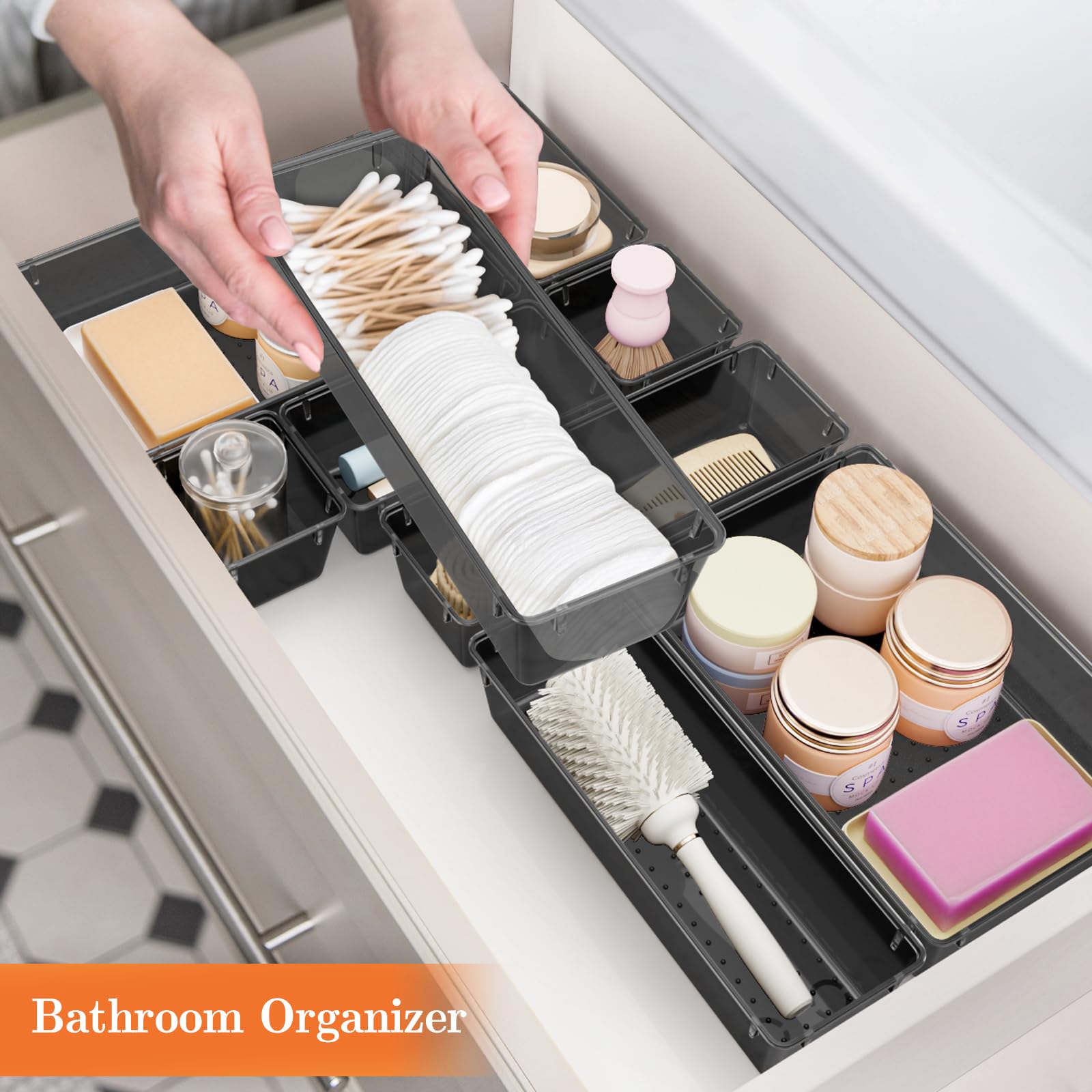25-Piece Plastic Drawer Organizer Set - 4-Size Versatile Storage Trays & Bins for Makeup, Jewelry, Office Supplies | Bathroom, Bedroom & Desk Organization (Black) - Perfect for Vanity, Dresser & Clutter-Free Workspace