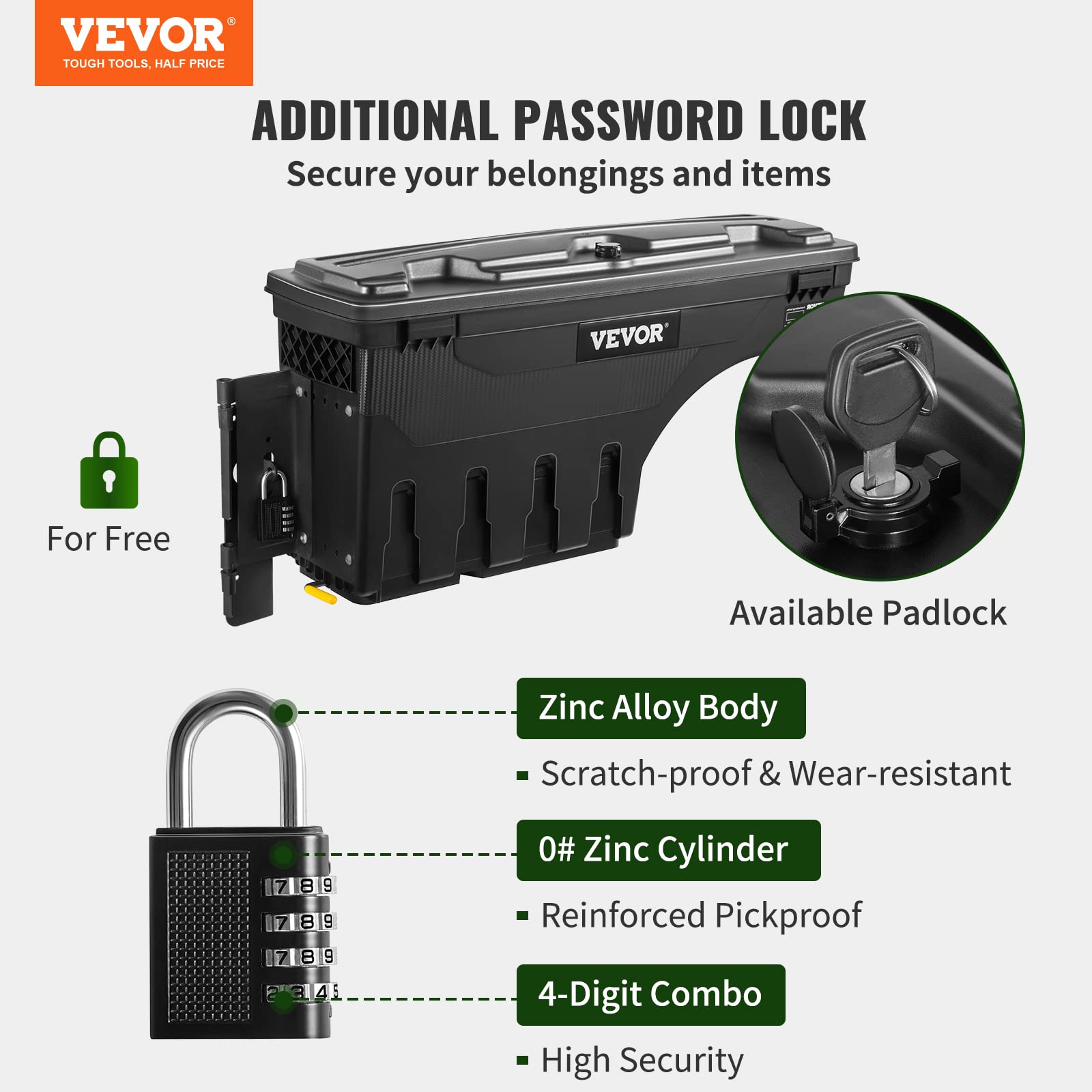 VEVOR Lockable Waterproof Truck Bed Storage Box - 6.6 Gal/20L ABS Wheel Well Tool Box with Password Padlock | Compatible with Toyota Tundra 2007-2021 (Driver Side, Black) | Perfect for Outdoor Gear, Tools & Equipment Storage