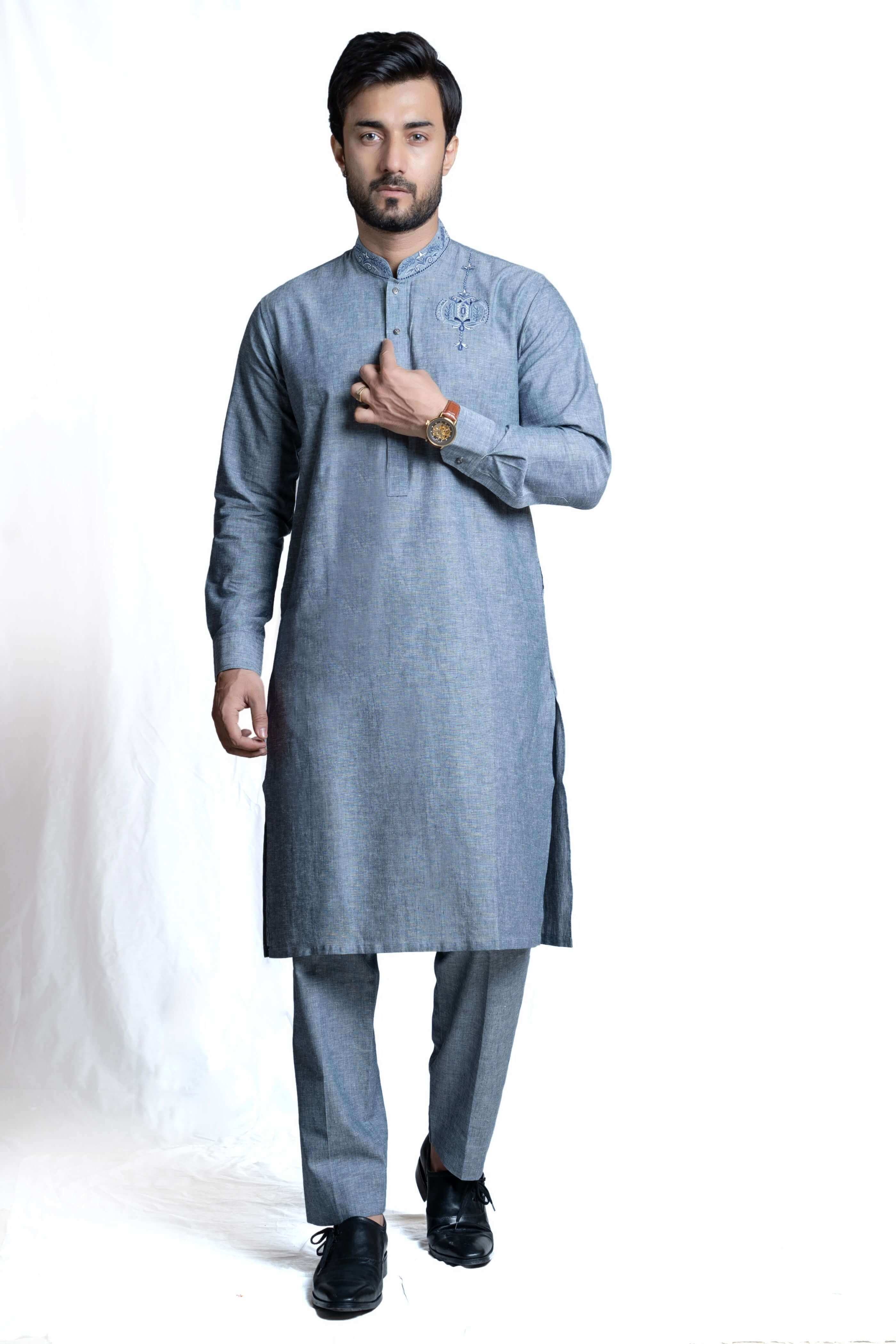 Grey & Blue Embroidered Linen Kurta Pant Set - Classic Fit for Men | Traditional Indian Ethnic Wear for Weddings & Festivals