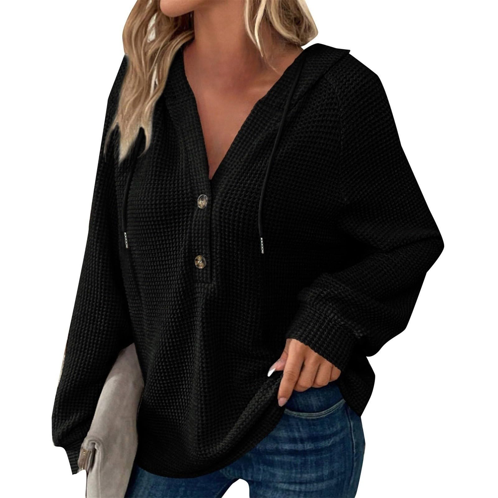 Women's Waffle Knit Oversized Hoodie - Button V Neck Lightweight Y2K Baggy Pullover Sweater | Casual Loungewear & Streetwear Fashion for Everyday Wear