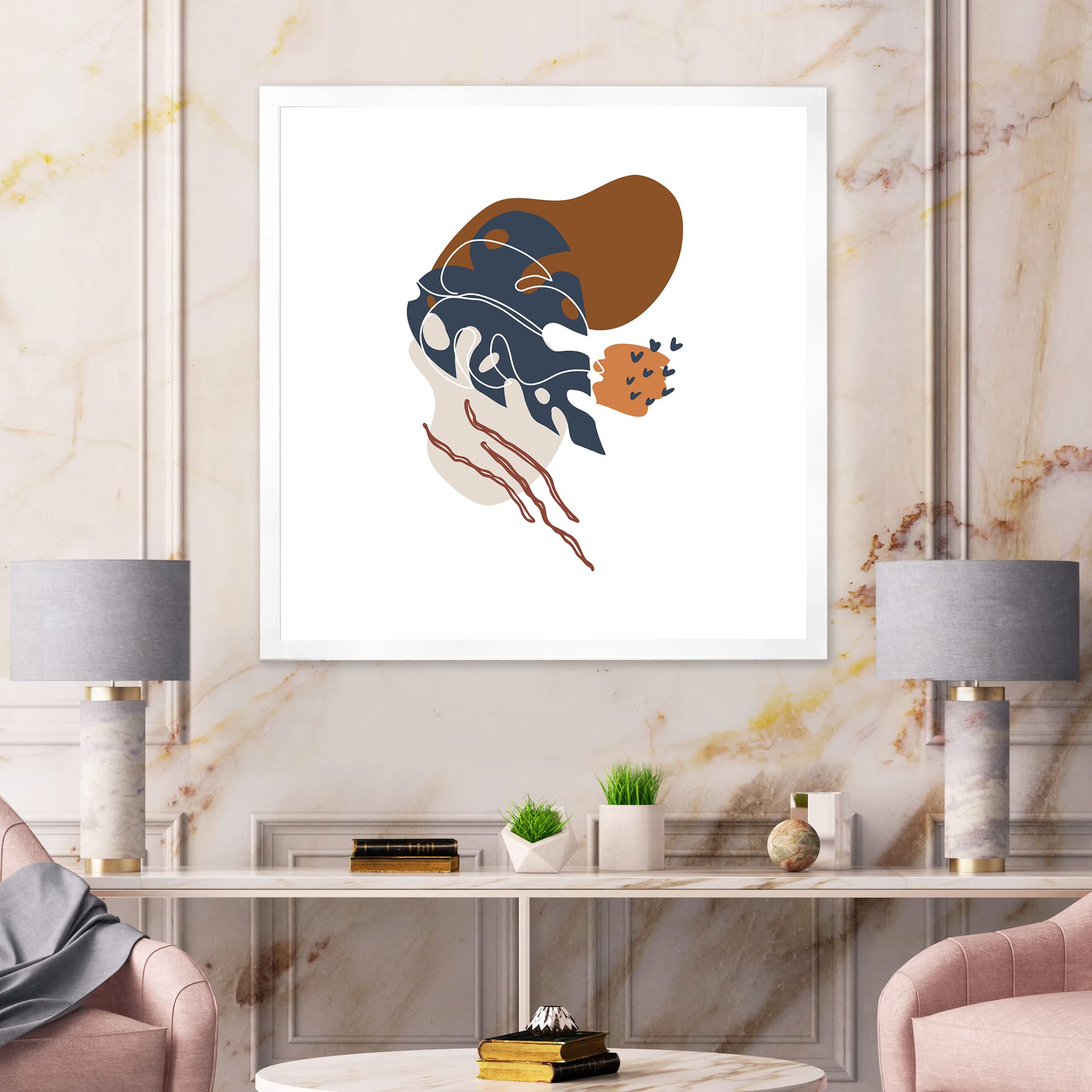 DesignQ Modern Abstract Floral Framed Wall Art - Elementary Shapes & Botanical Prints for Living Room, Bedroom & Office Decor