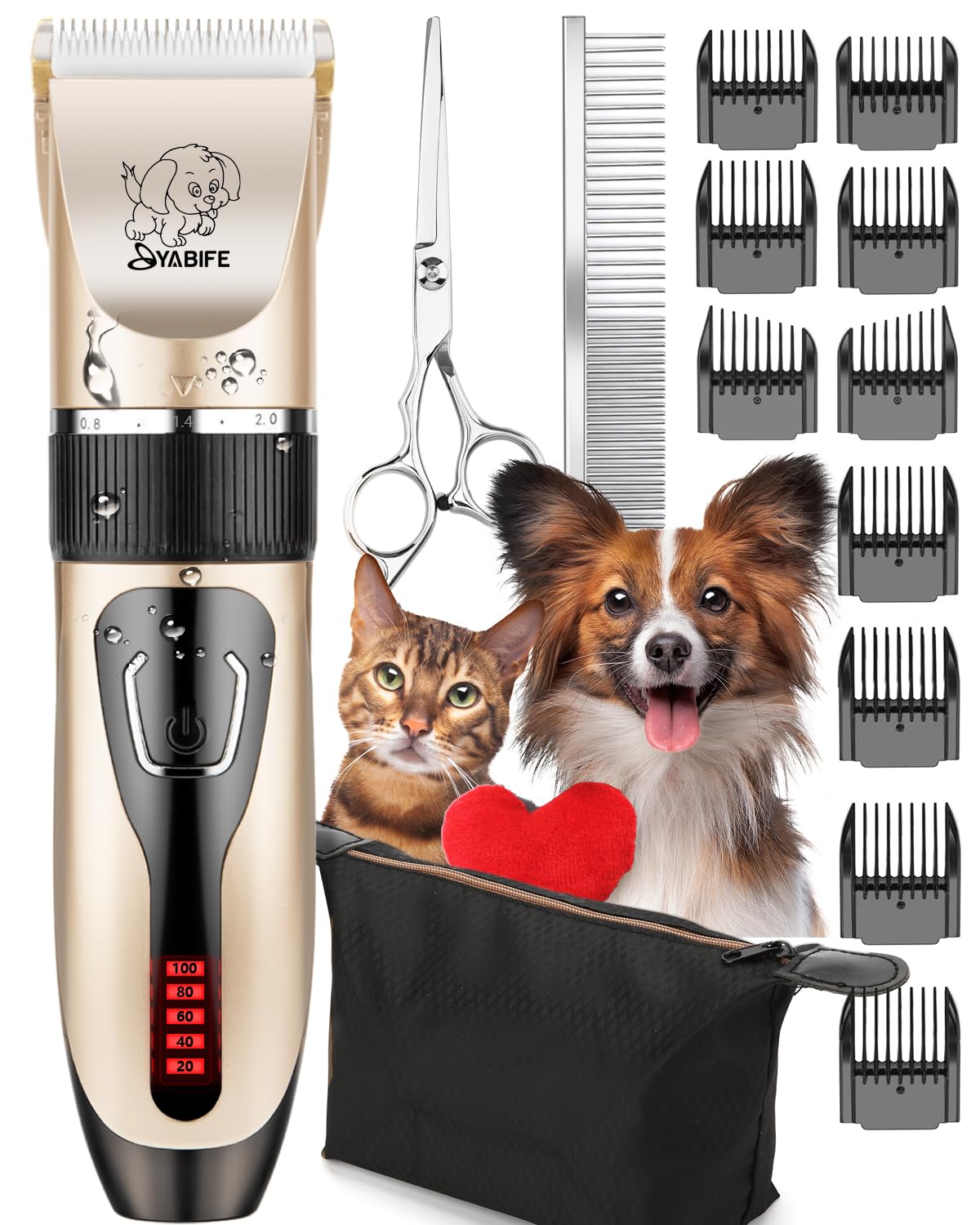 YABIFE Cordless Dog Clippers - USB Rechargeable Pet Grooming Kit for Dogs, Cats & Small Animals | Whisper Quiet, Wet/Dry Use | Professional Home Grooming & Travel Pet Care