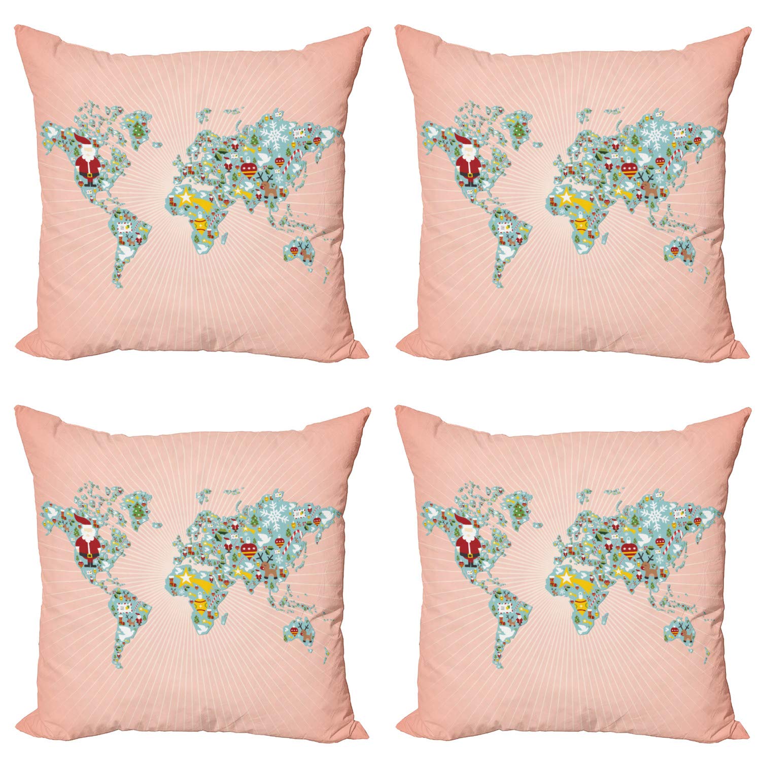 Ambesonne Christmas Decorative Throw Pillow Covers Set of 4 - World Map Holiday Design with Santa & Minimal Ornaments, 18 Inch Multicolor Couch Cushion Covers for Living Room, Bedroom & Car - Perfect for Xmas Decor, Gift Giving & Cozy Home Styling
