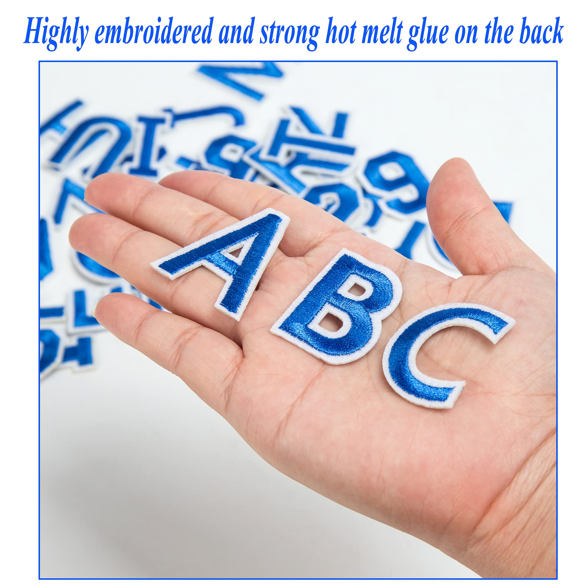 72 PCS Iron-On Embroidered Letters A-Z & Numbers 0-9 Patches - DIY Applique for Clothes, Hats, Jeans, Bags - Blue Fabric Sewing Accessories for Customizing Jackets, Backpacks & Denim Outfits