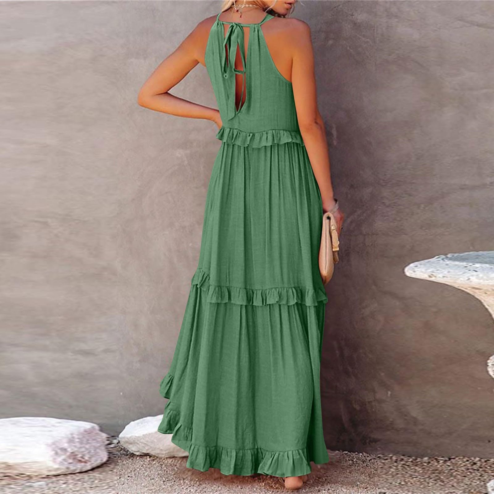 Women's Halter Smocked Tiered Maxi Dress - Flowy Swing Summer Cocktail & Wedding Guest Dress with Pockets | Perfect for Beach Vacations, Garden Parties & Formal Events