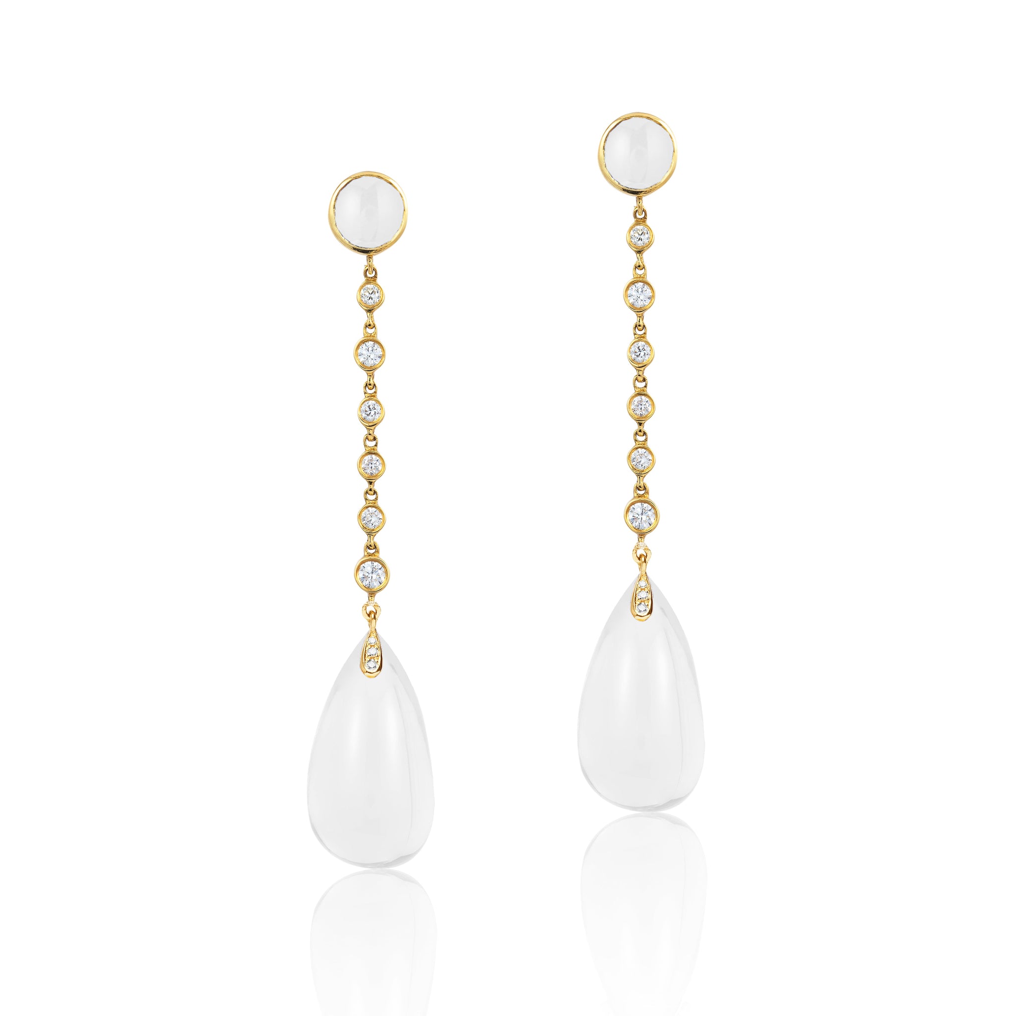 Goshwara 18K Gold Drop Earrings with Cabochon Moon Quartz & Diamonds | Elegant Dangle Jewelry for Women | Perfect for Weddings, Parties & Special Occasions