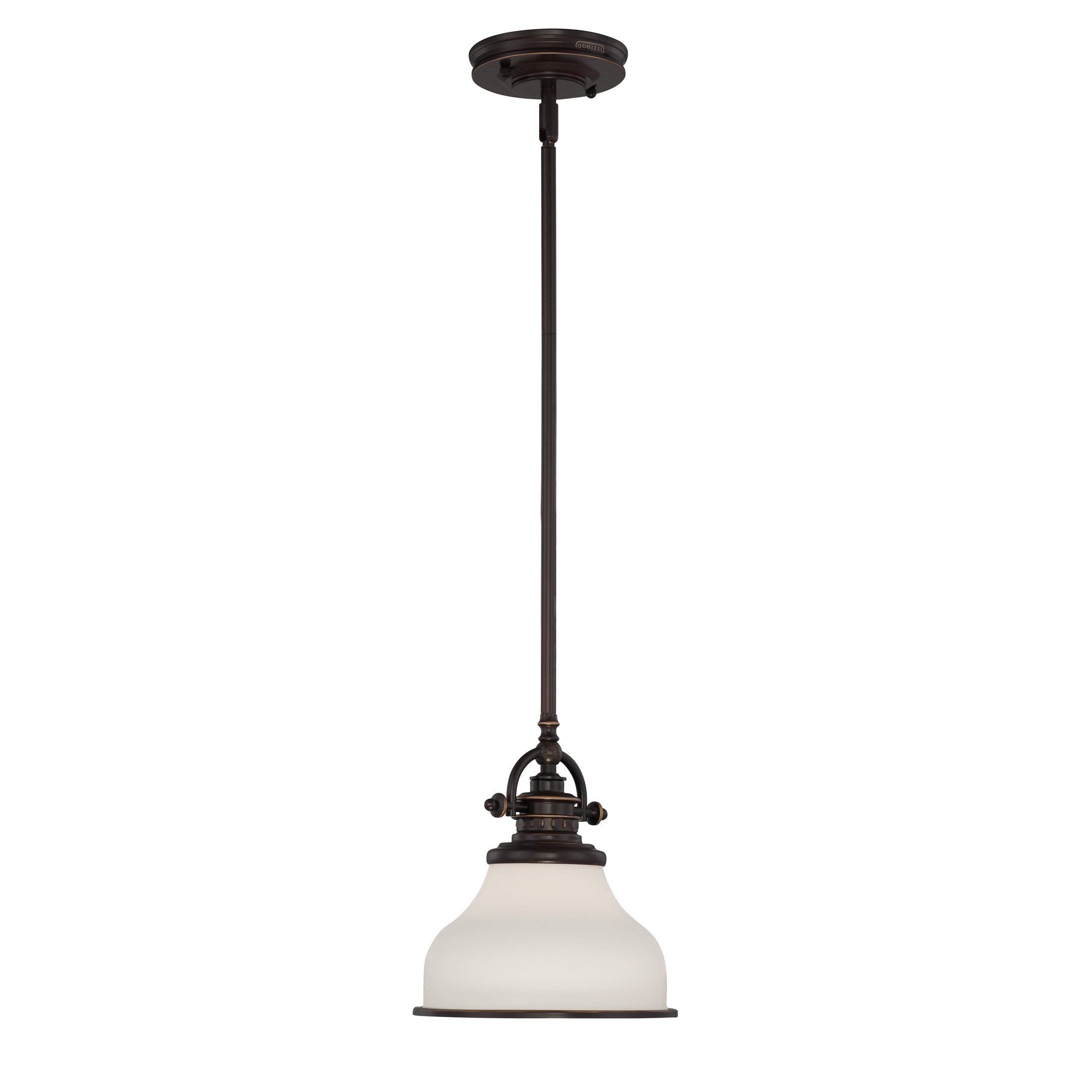 Quoizel Grant Mini Pendant Light - 8 Inch 1-Light Palladian Bronze Opal Etched Glass Hanging Ceiling Fixture for Kitchen Island, Dining Room, Hallway, Bedroom, Bar, Cafe & Office | Modern Industrial Lighting for Home & Commercial Spaces